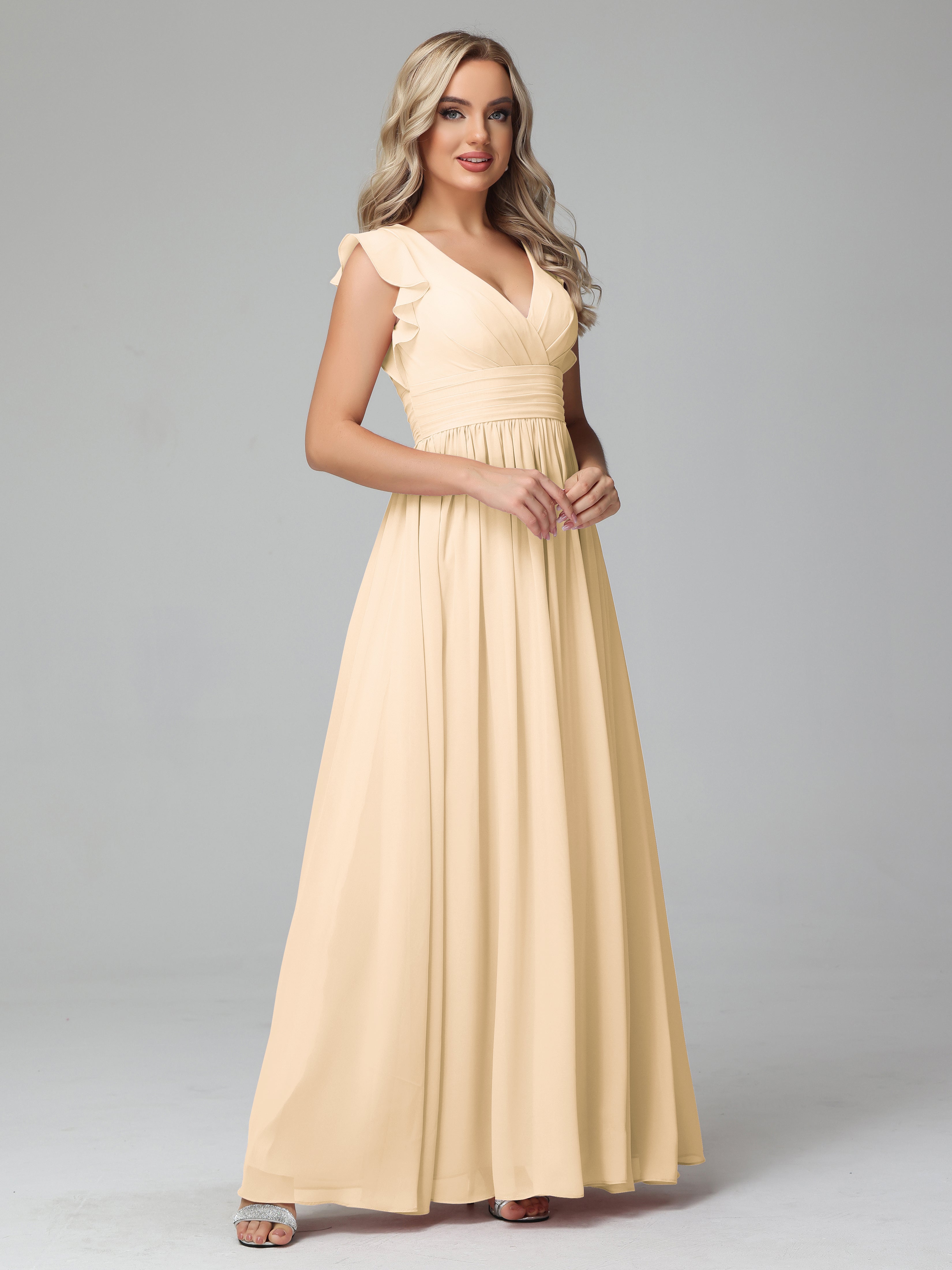 Robes De Demoiselle D'Honneur Pêche Trapèze Mousseline Longue Robes Demoiselle D'Honneur