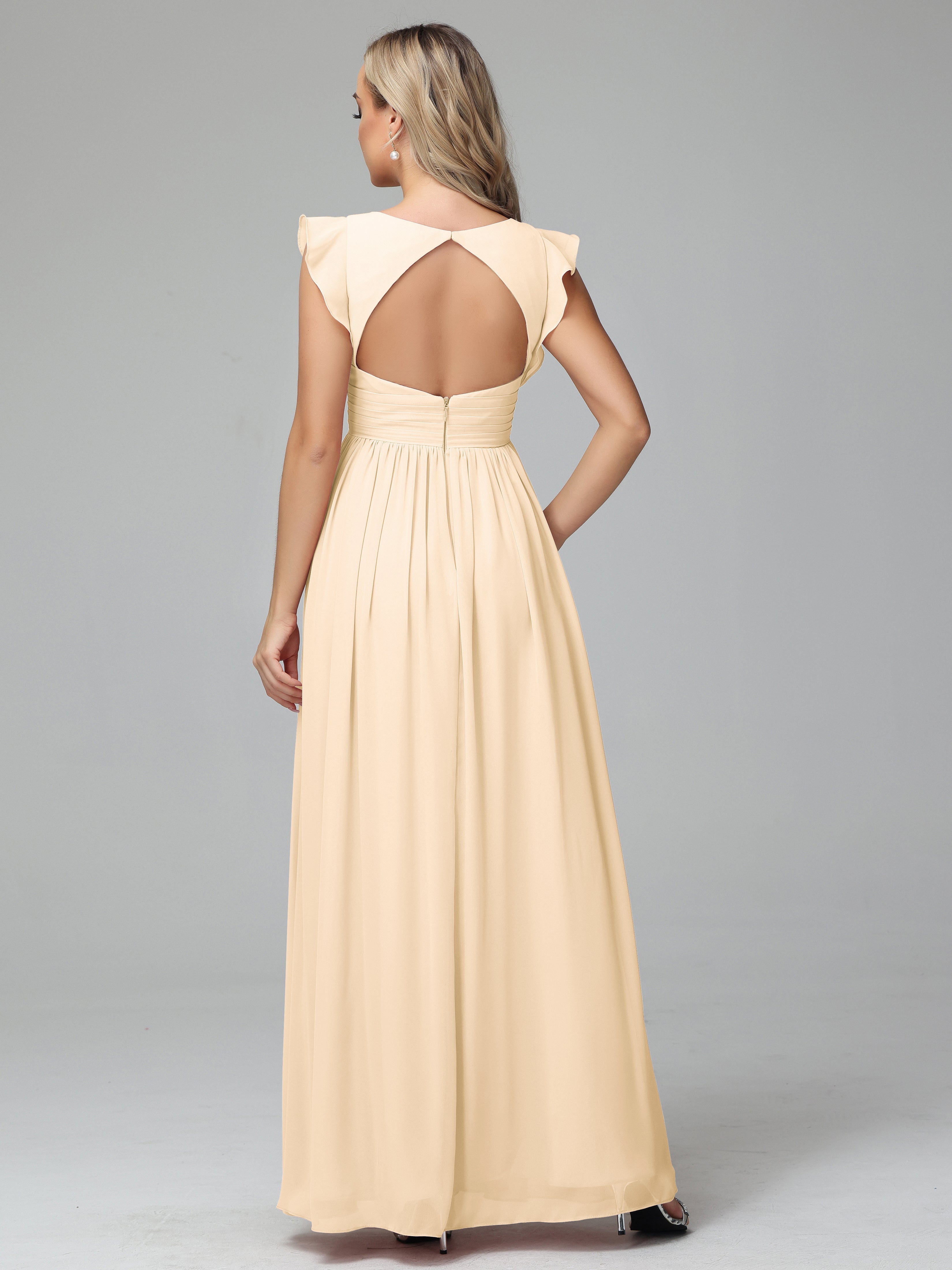 Robes De Demoiselle D'Honneur Pêche Trapèze Mousseline Longue Robes Demoiselle D'Honneur