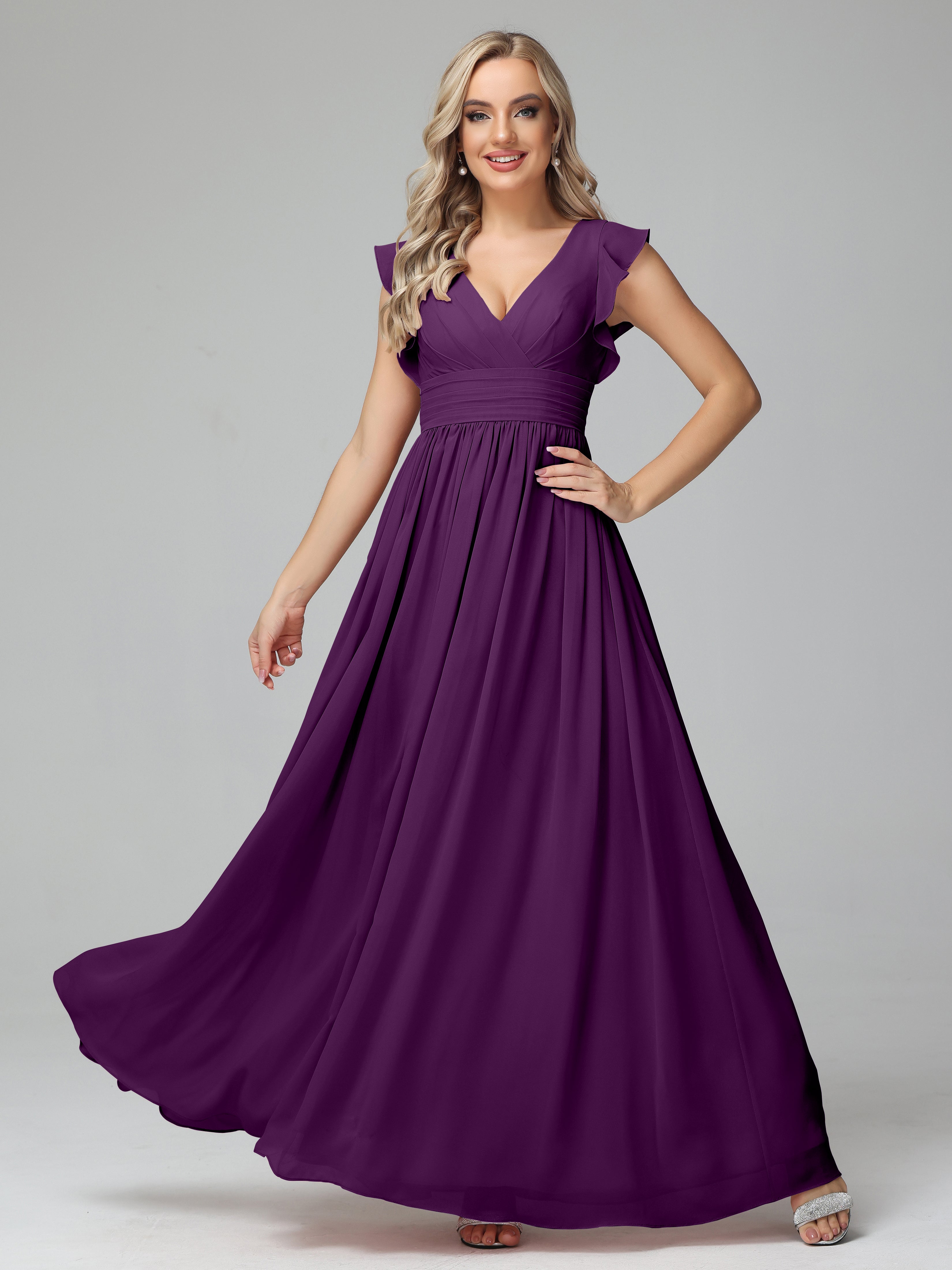 Robes De Demoiselle D'Honneur En Raisin Trapèze Mousseline Longue Robes Demoiselle D'Honneur