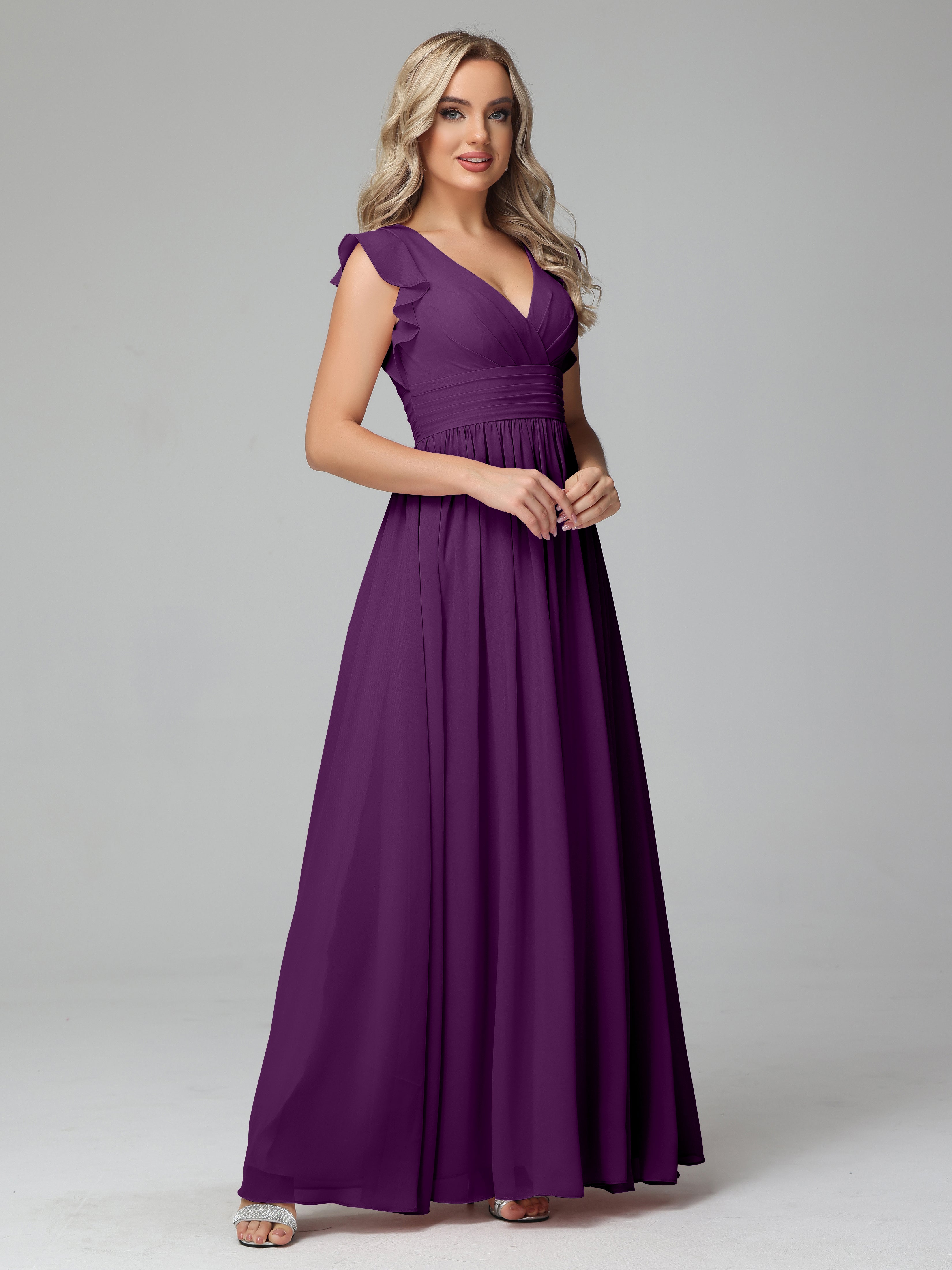 Robes De Demoiselle D'Honneur En Raisin Trapèze Mousseline Longue Robes Demoiselle D'Honneur