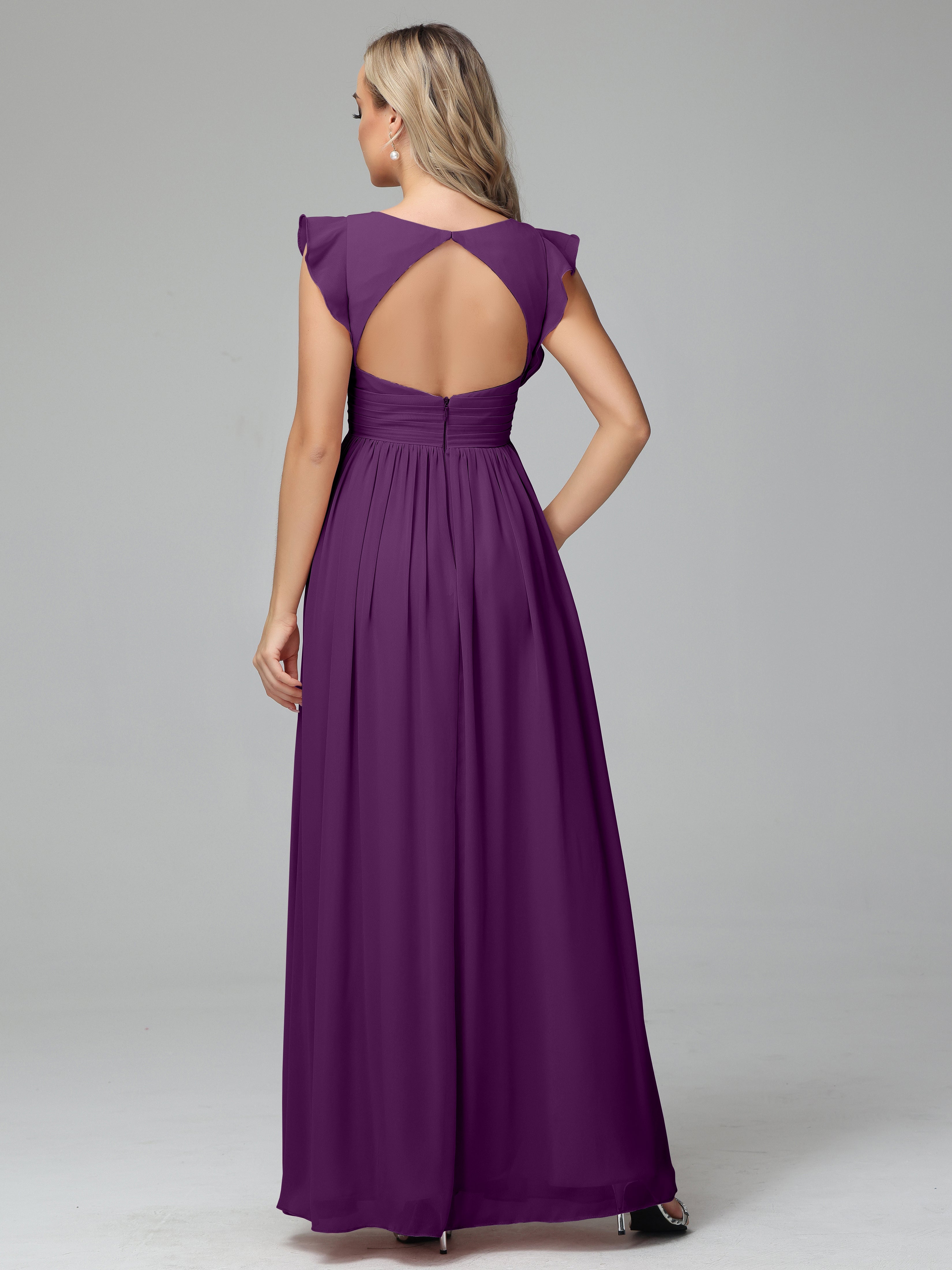 Robes De Demoiselle D'Honneur En Raisin Trapèze Mousseline Longue Robes Demoiselle D'Honneur