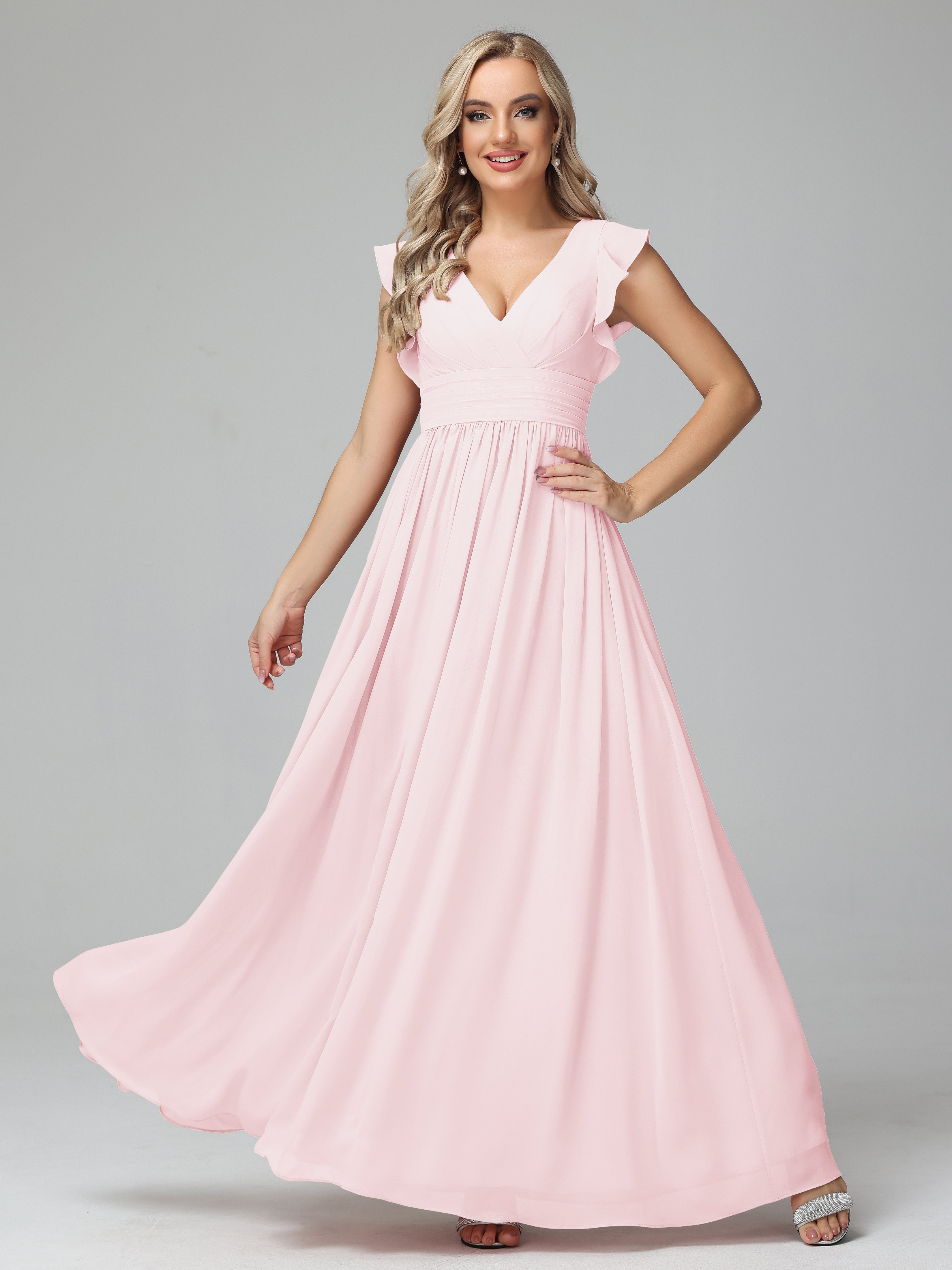 Robes De Demoiselle D'Honneur Rose Pale Trapèze Mousseline Longue Robes Demoiselle D'Honneur