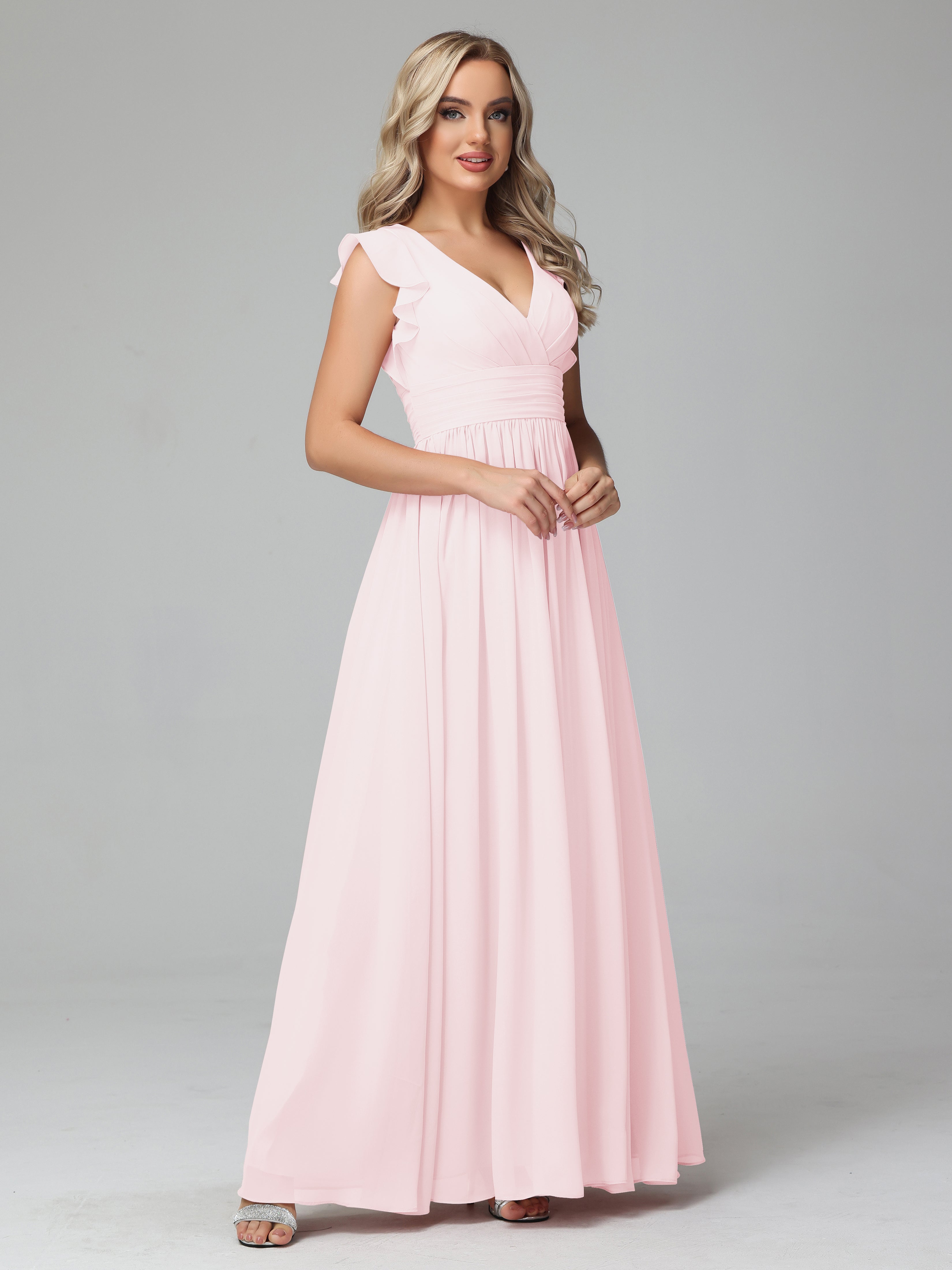 Robes De Demoiselle D'Honneur Rose Pale Trapèze Mousseline Longue Robes Demoiselle D'Honneur