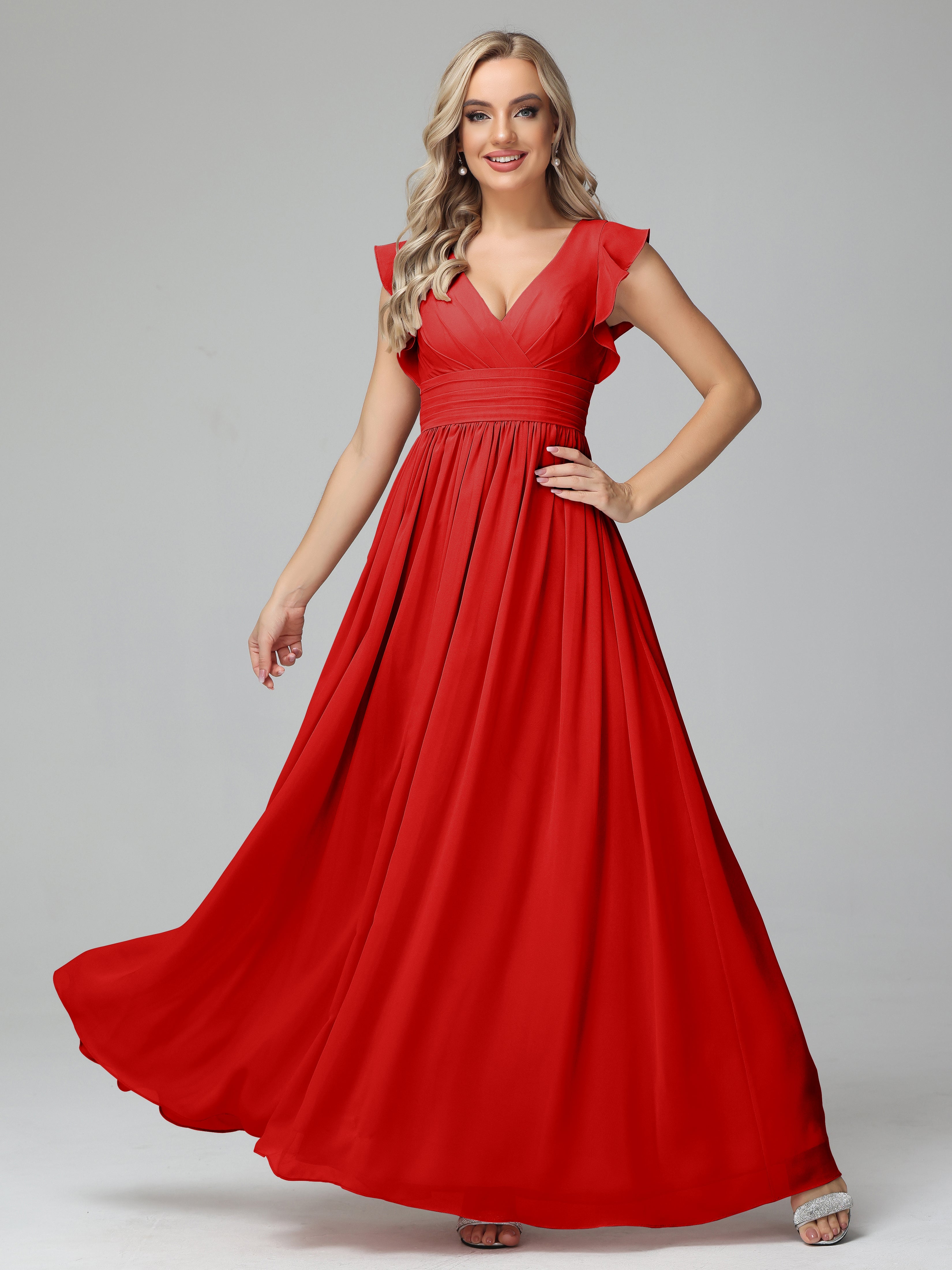 Robe Demoiselle D Honneur Rouge Trapèze Mousseline Longue Robes Demoiselle D'Honneur