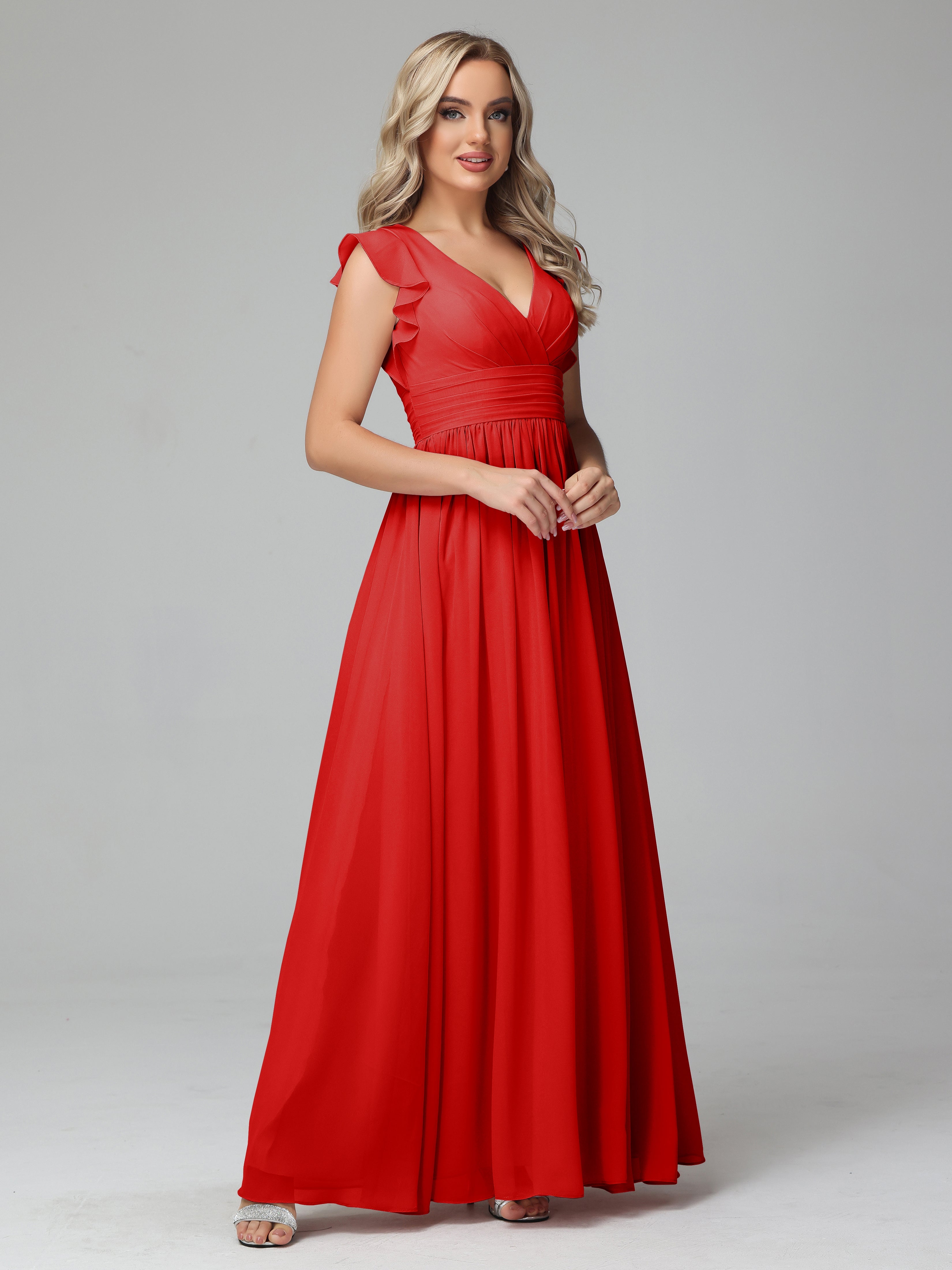 Robe Demoiselle D Honneur Rouge Trapèze Mousseline Longue Robes Demoiselle D'Honneur