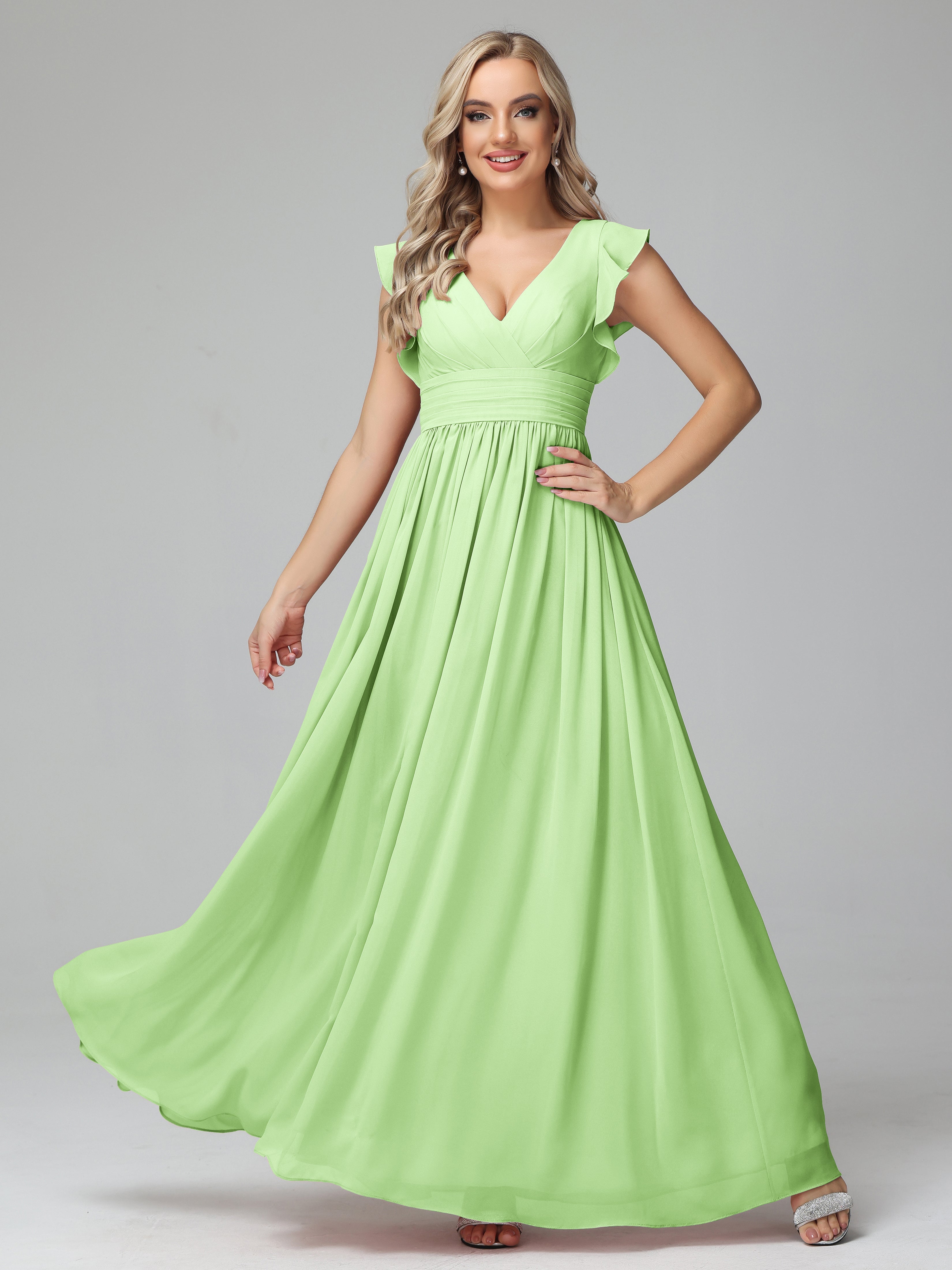 Robes De Demoiselle D'Honneur Vert Sauge Trapèze Mousseline Longue Robes Demoiselle D'Honneur