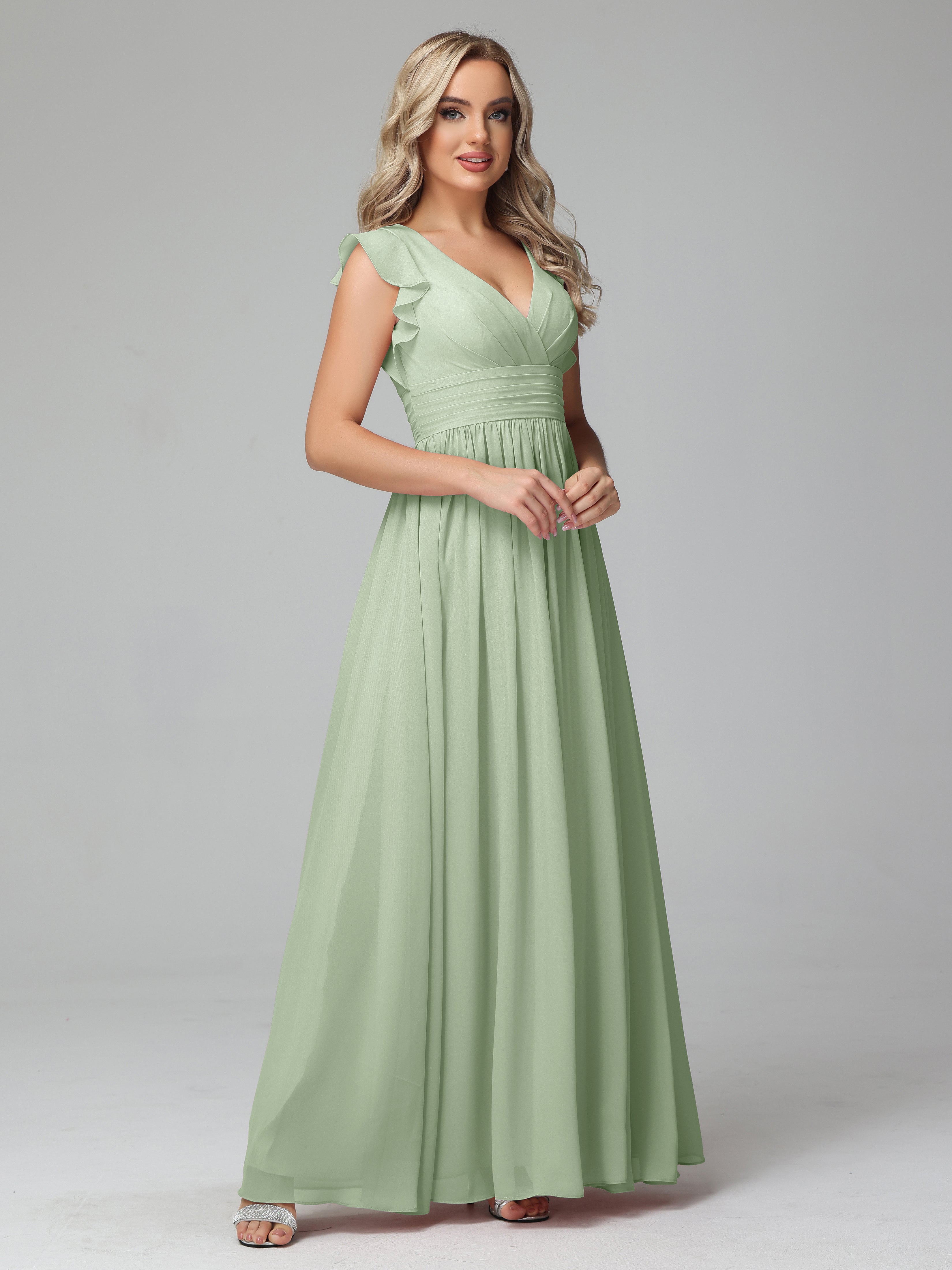 Robes De Demoiselle D'Honneur Vert Sauge Poussiéreux Trapèze Mousseline Longue Robes Demoiselle D'Honneur