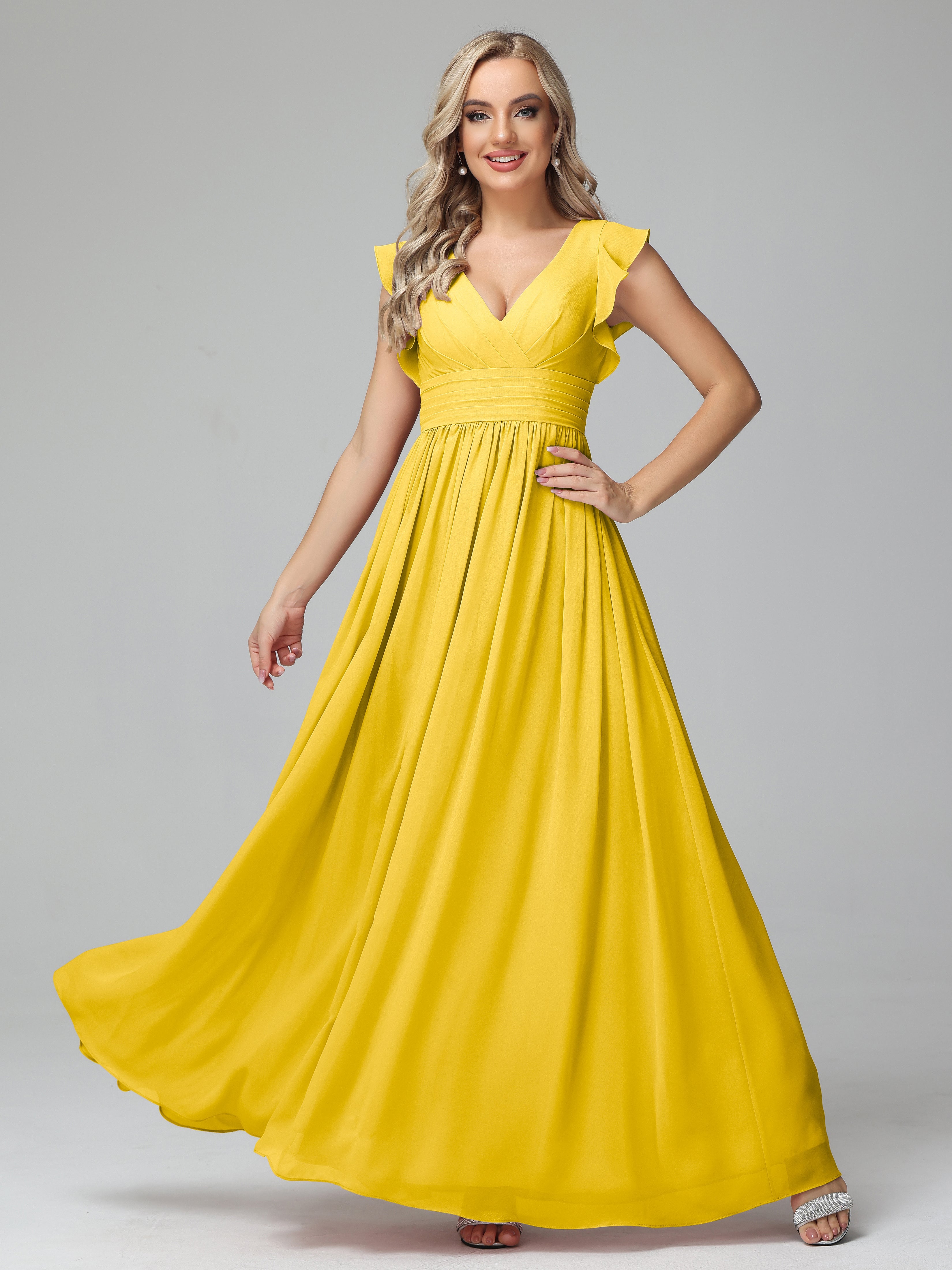 Robe De Demoiselle D'Honneur Souci Trapèze Mousseline Longue Robes Demoiselle D'Honneur