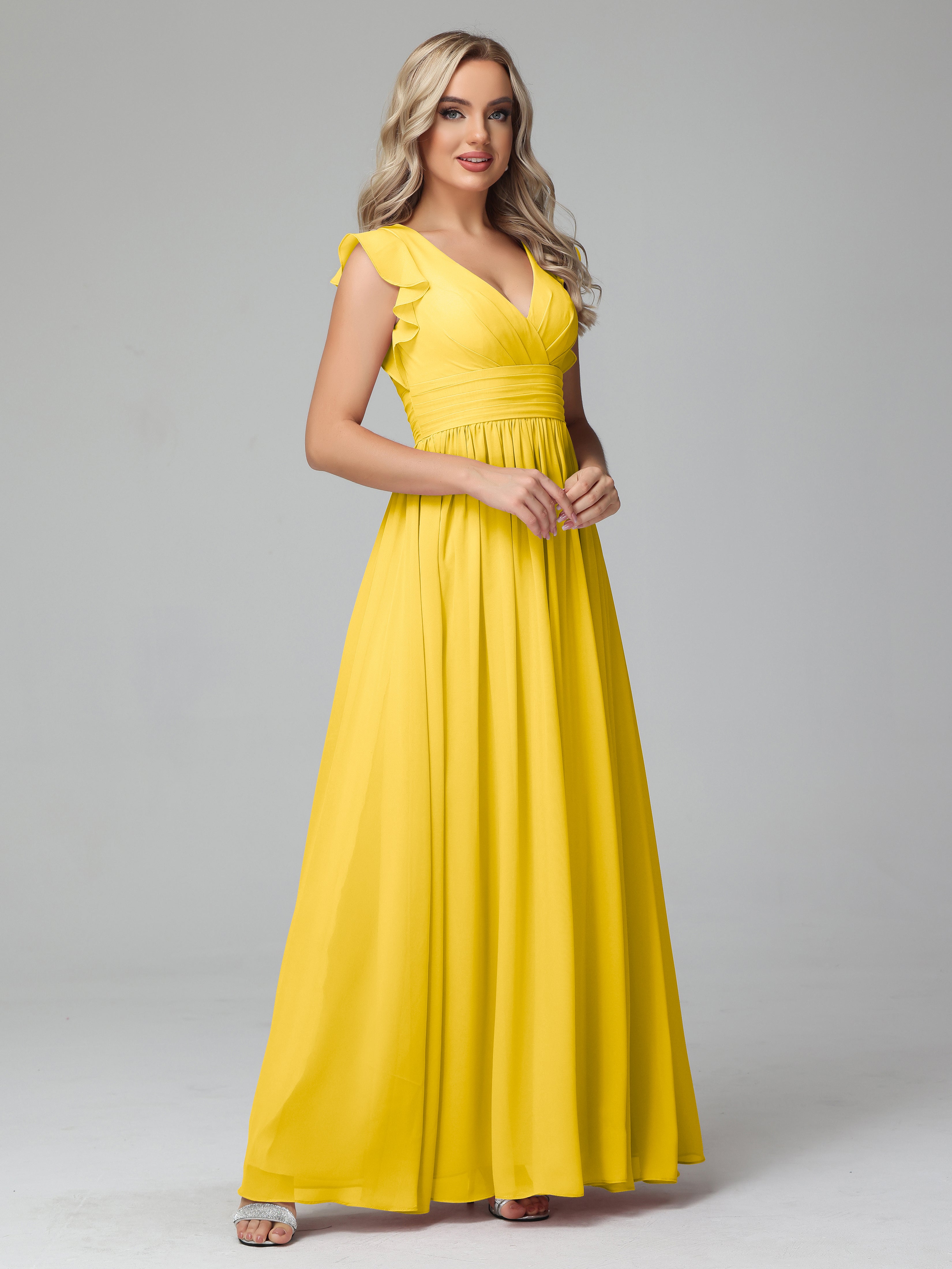 Robe De Demoiselle D'Honneur Souci Trapèze Mousseline Longue Robes Demoiselle D'Honneur