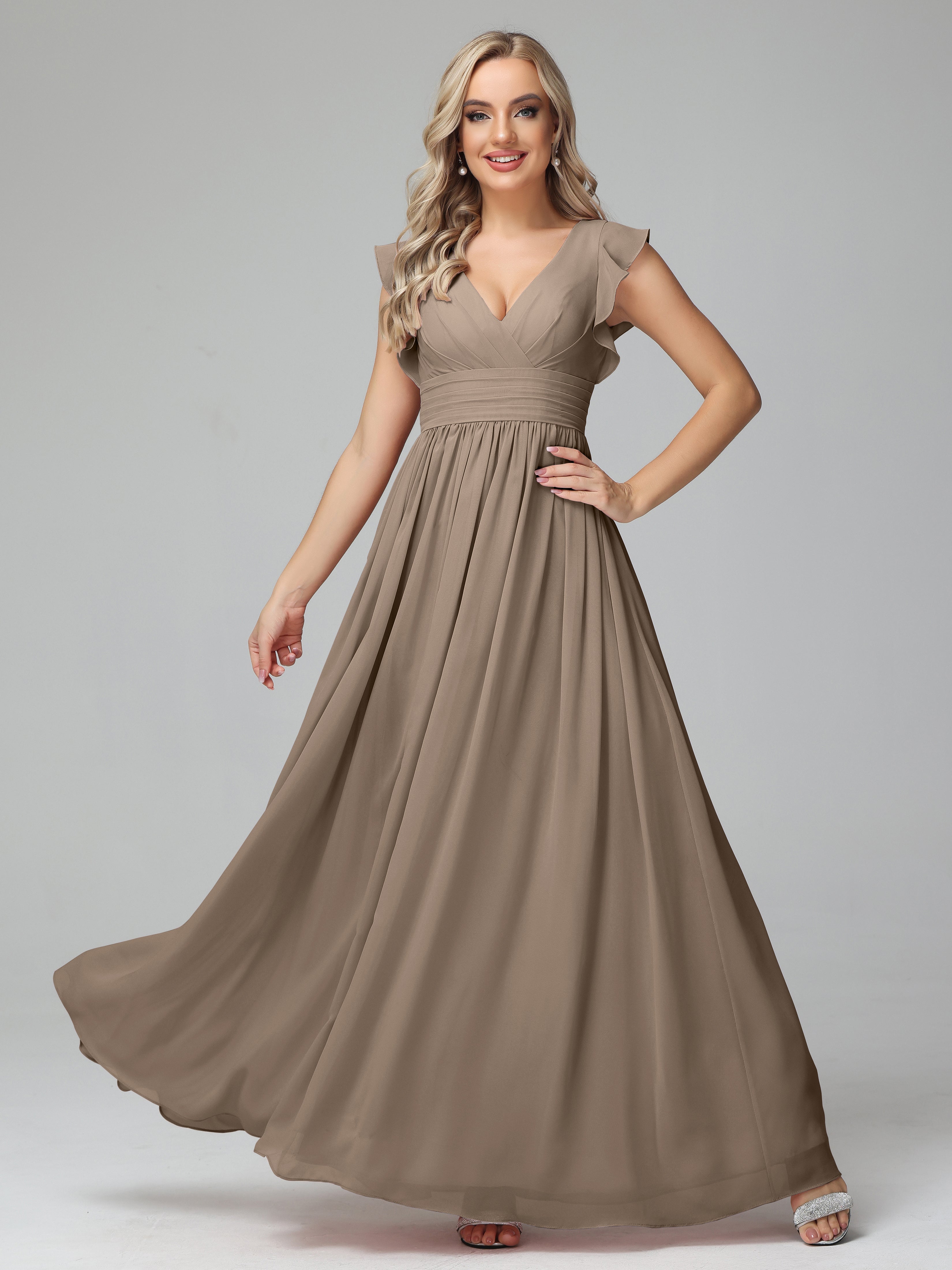 Robe Ceremonie Taupe Trapèze Mousseline Longue Robes Demoiselle D'Honneur
