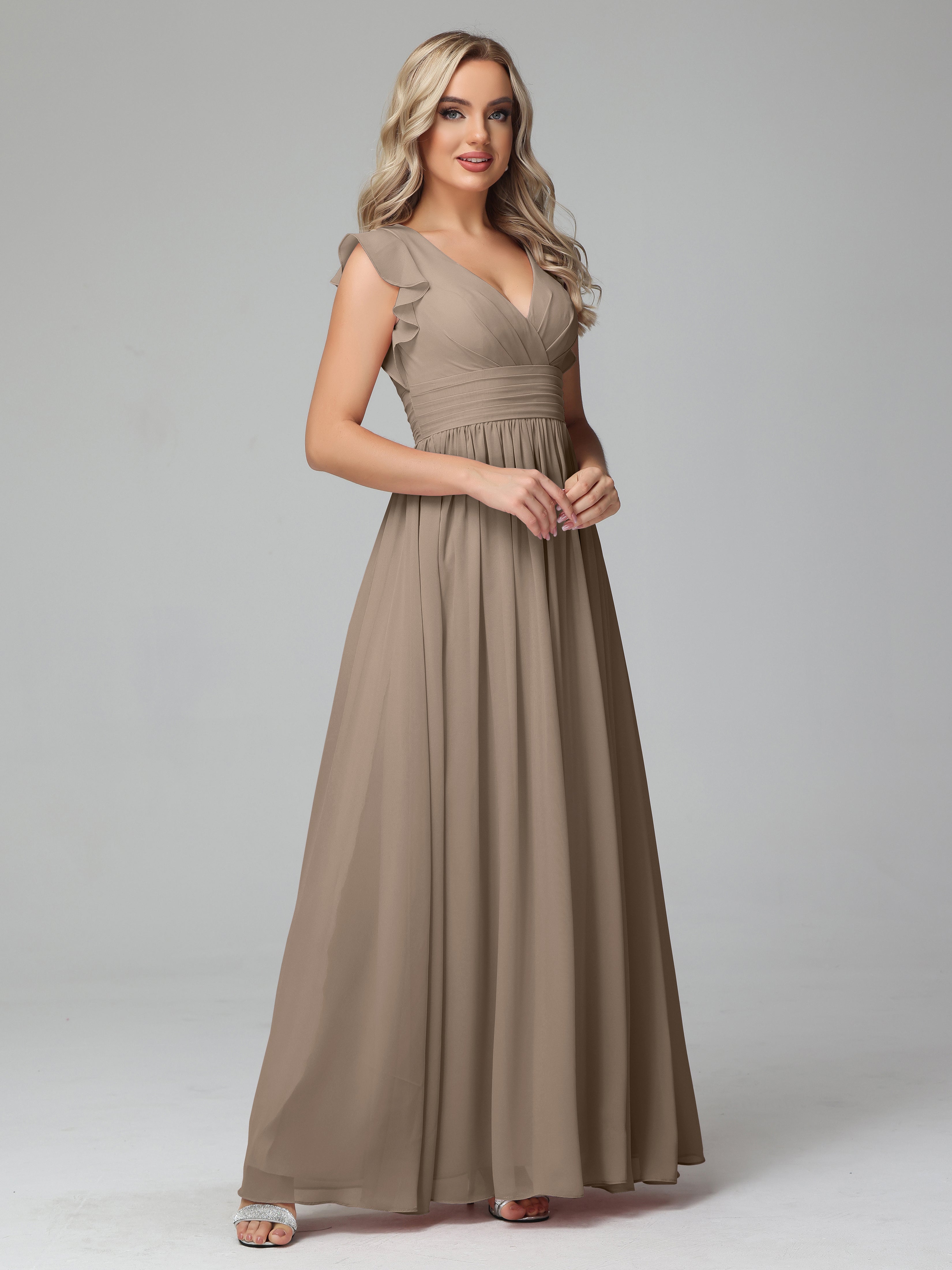 Robe Ceremonie Taupe Trapèze Mousseline Longue Robes Demoiselle D'Honneur