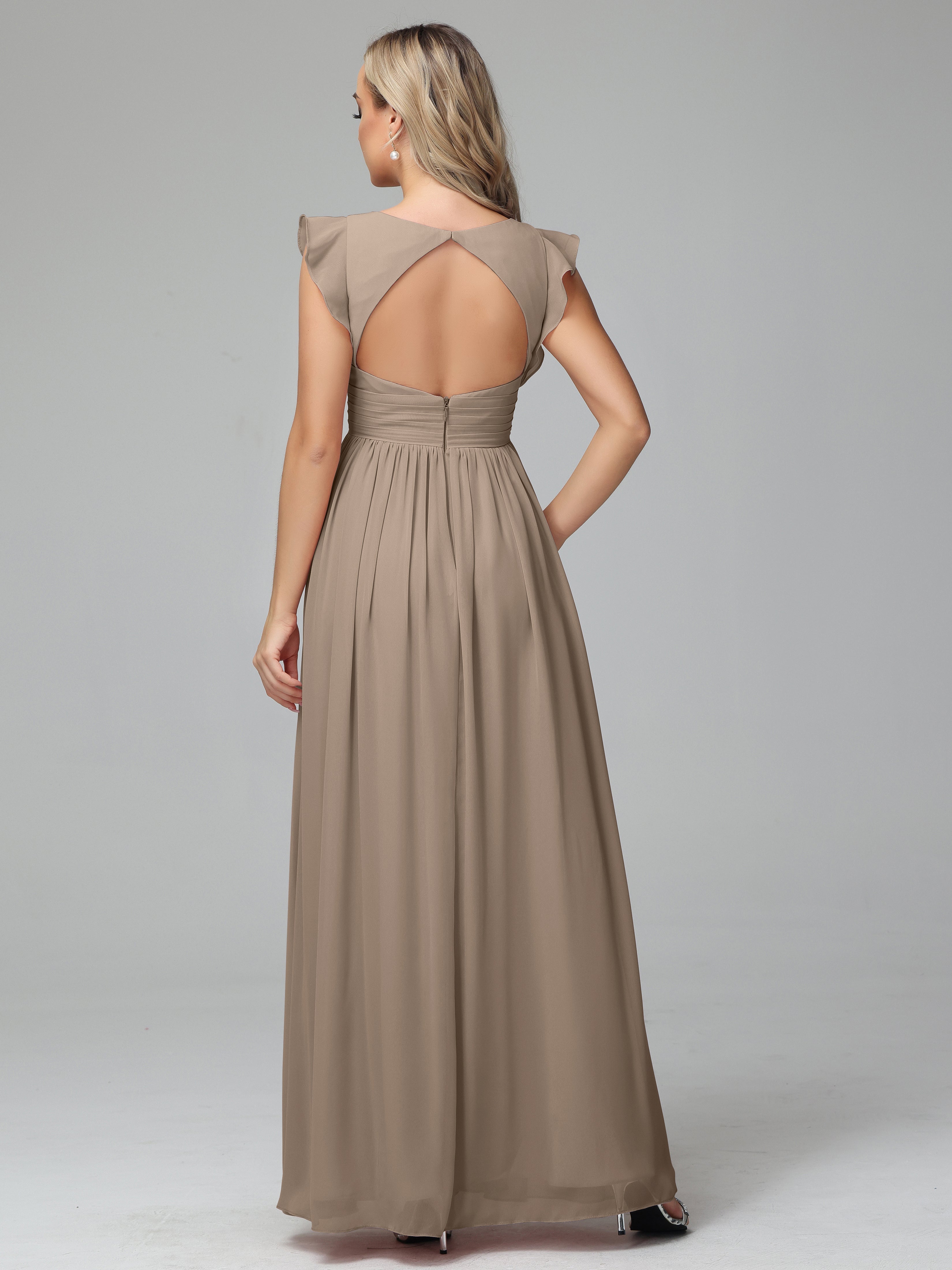 Robe Ceremonie Taupe Trapèze Mousseline Longue Robes Demoiselle D'Honneur
