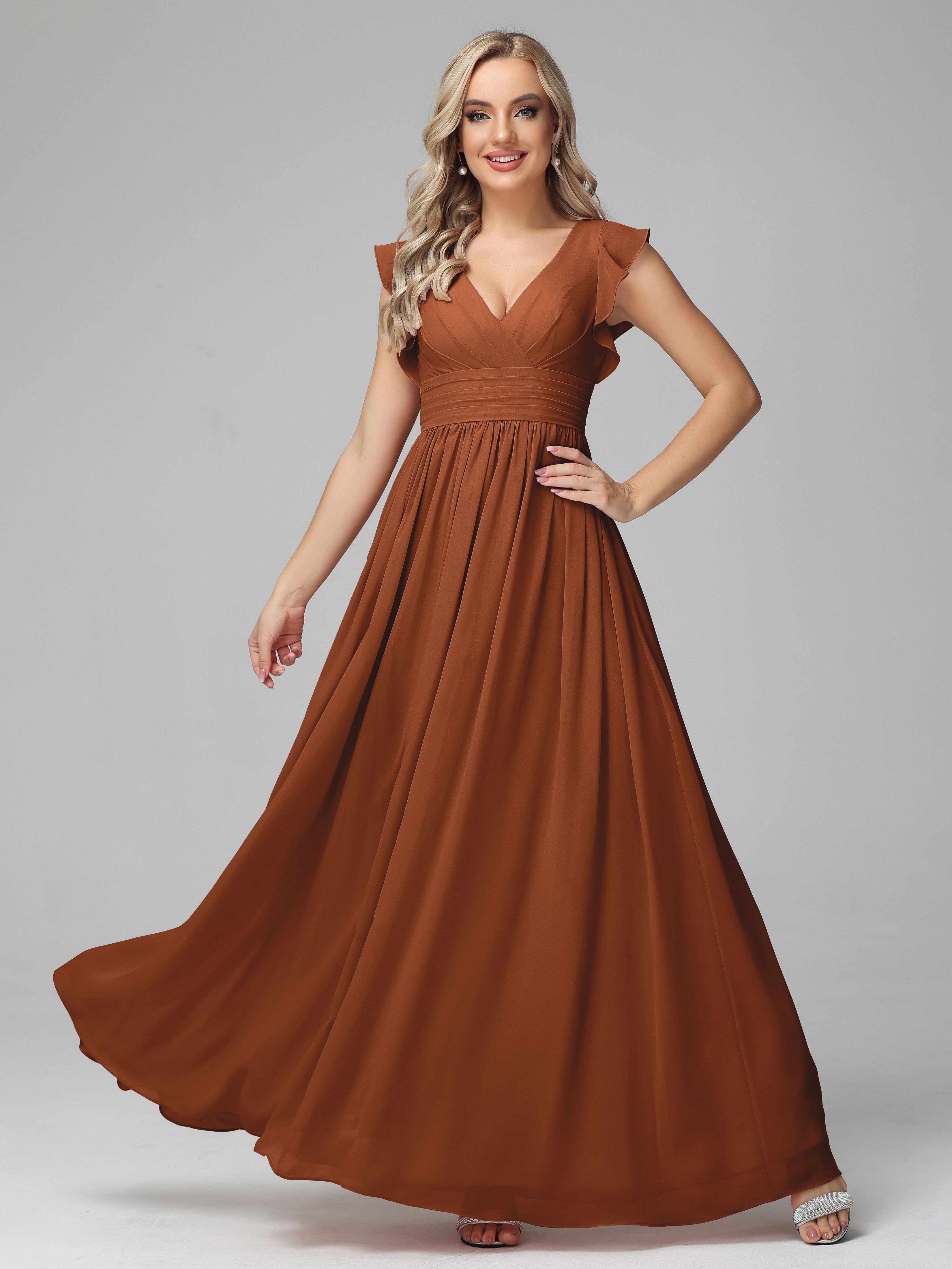 Robes De Demoiselle D'Honneur En Terre Cuite Trapèze Mousseline Longue Robes Demoiselle D'Honneur