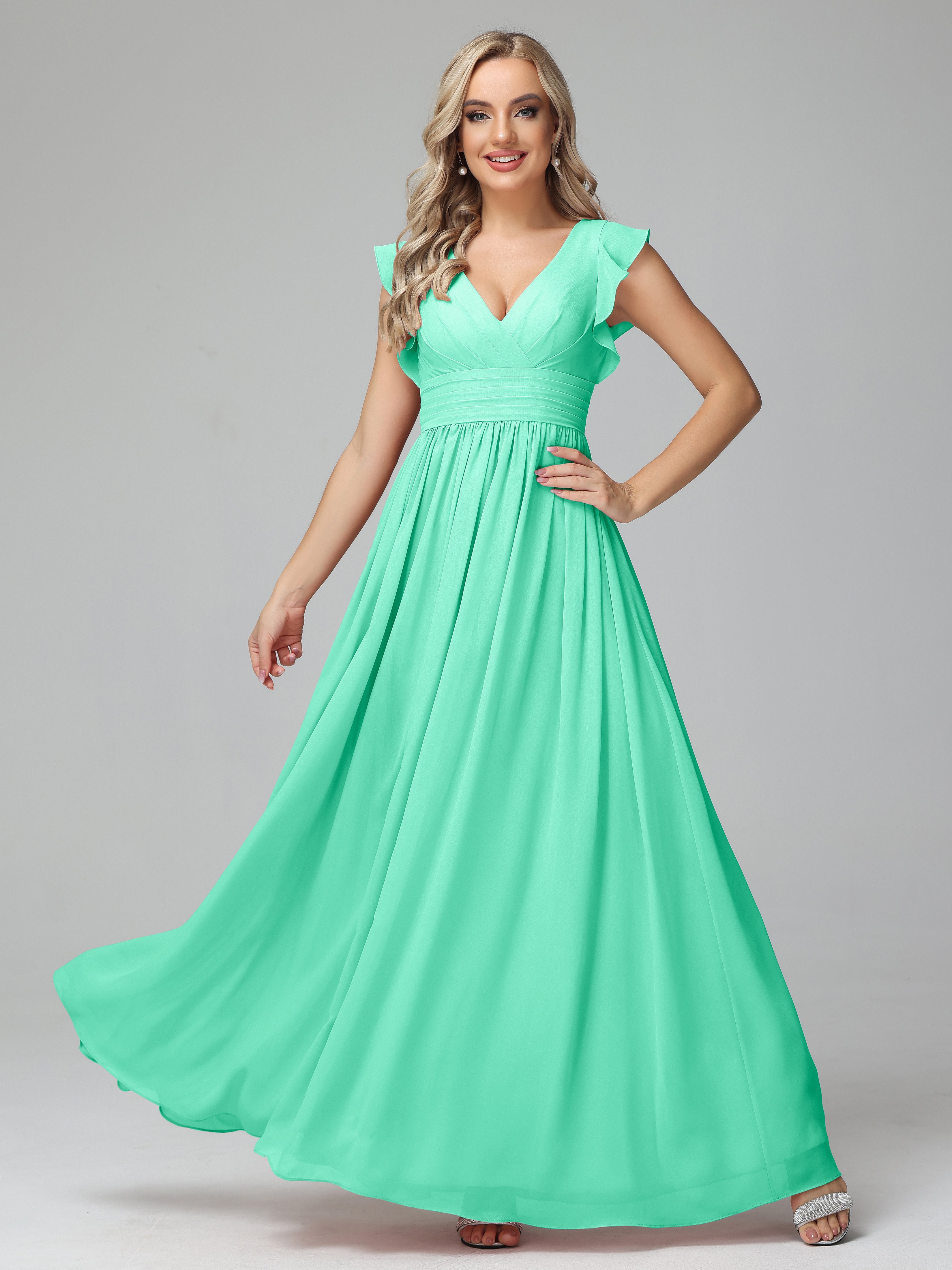 Robes De Demoiselle D'Honneur Bleu Turquoise Trapèze Mousseline Longue Robes Demoiselle D'Honneur