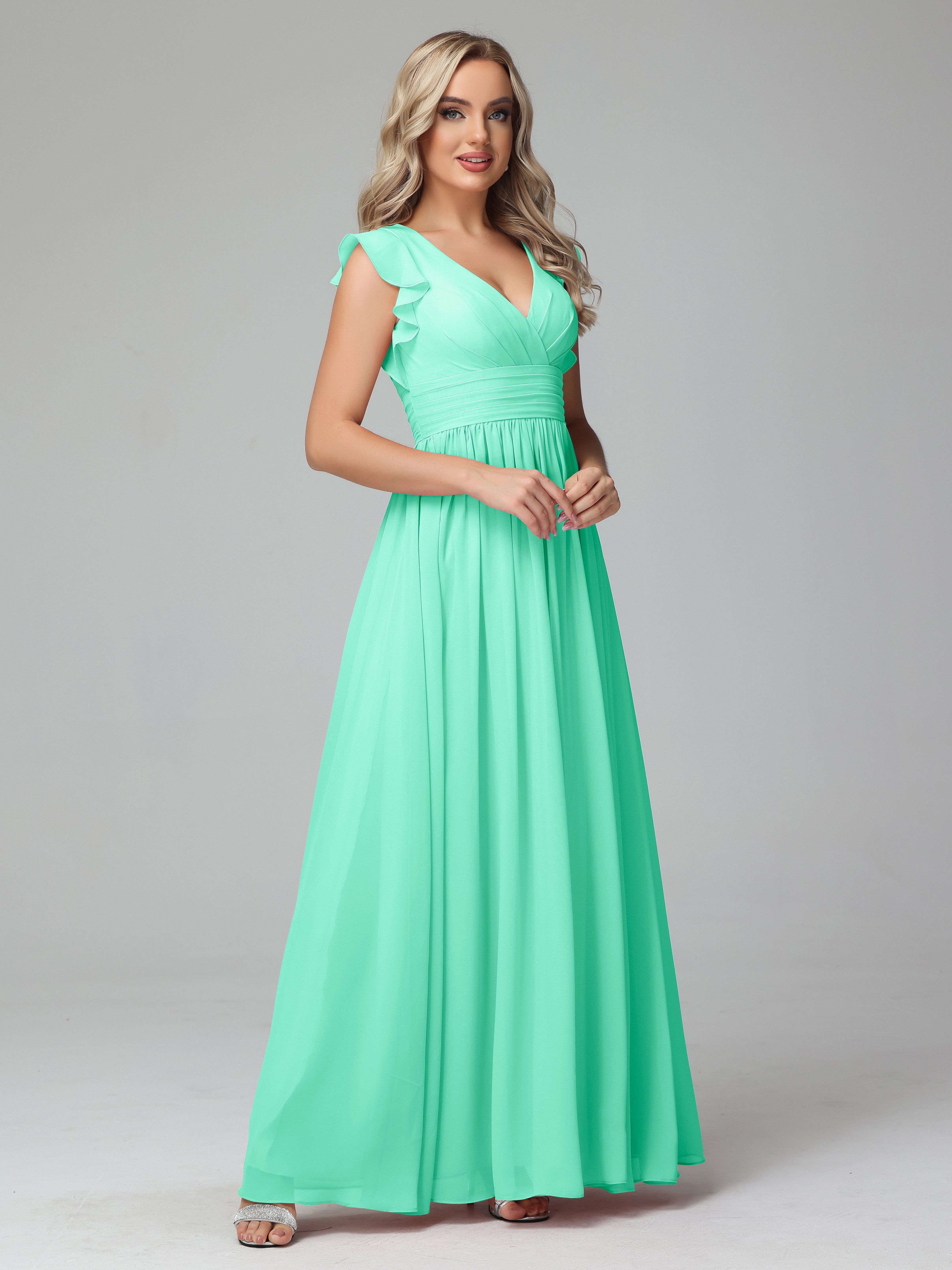Robes De Demoiselle D'Honneur Bleu Turquoise Trapèze Mousseline Longue Robes Demoiselle D'Honneur