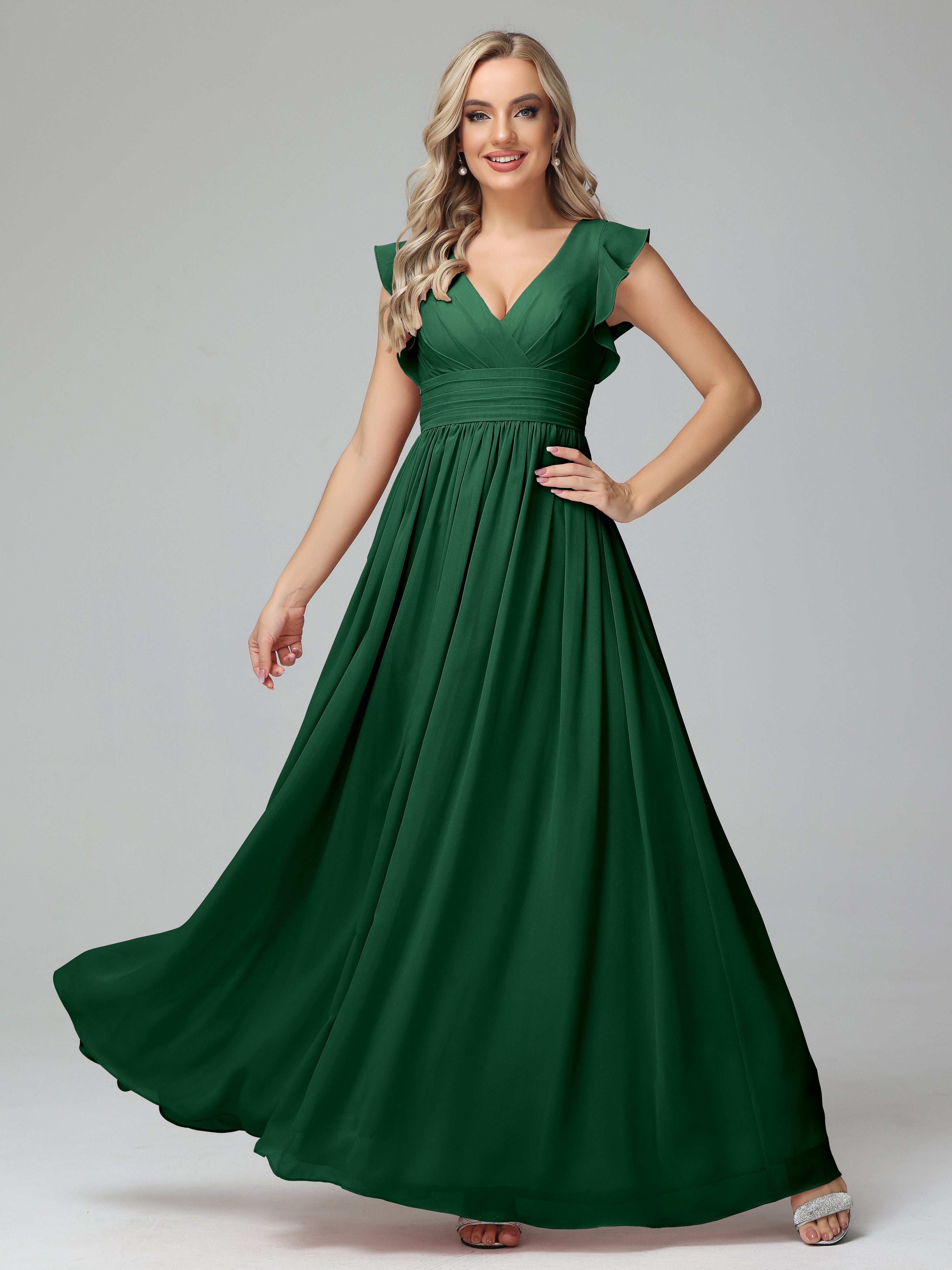 Robes De Demoiselle D'Honneur Vert Foncé Trapèze Mousseline Longue Robes Demoiselle D'Honneur