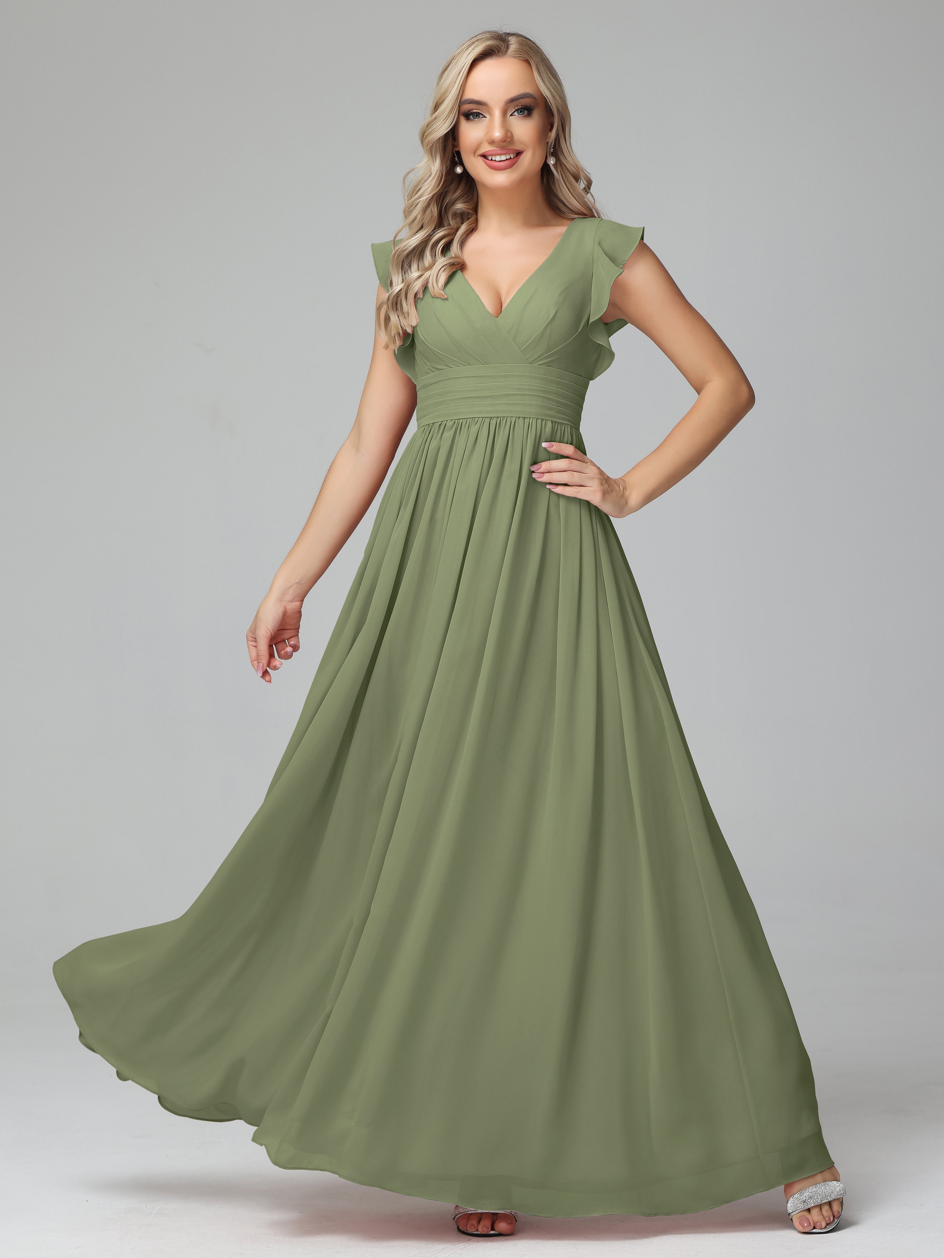 Robes De Demoiselle D'Honneur Olive Trapèze Mousseline Longue Robes Demoiselle D'Honneur