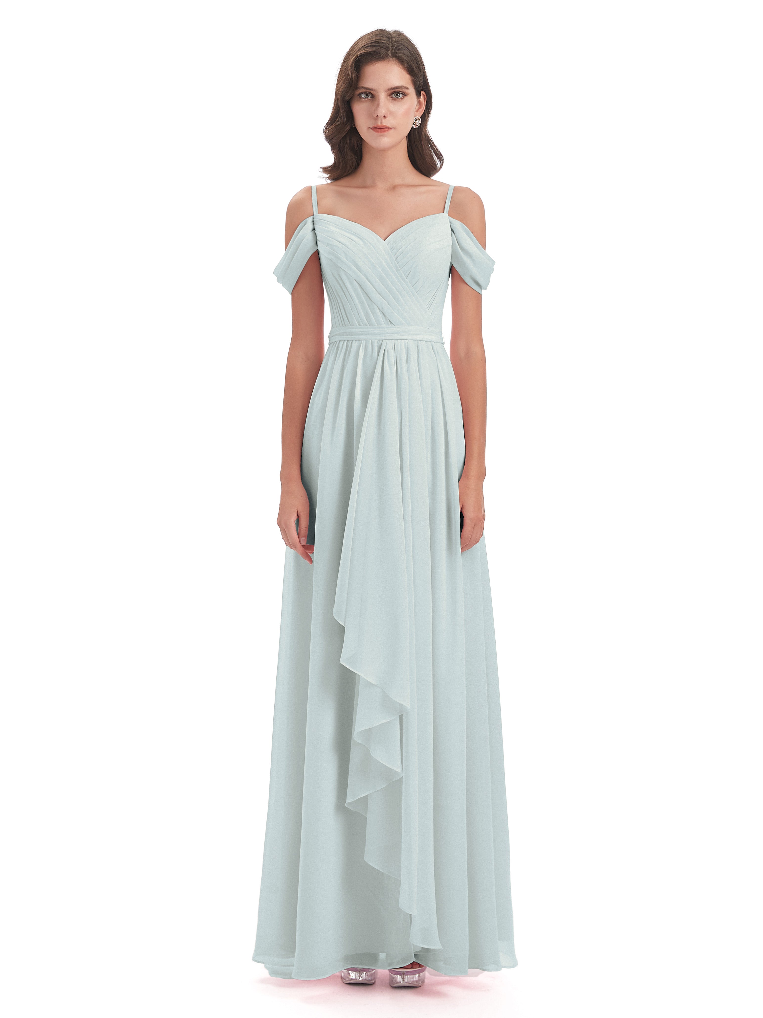 Robe Demoiselle D Honneur Celadon Bretelles Spaghetti Fendue Plis Robes Demoiselle D'Honneur