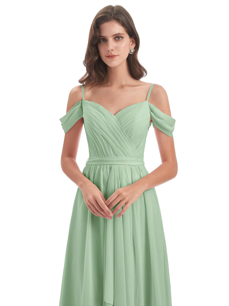 Demoiselle D'Honneur De Sauge Poussiéreuse Bretelles Spaghetti Fendue Plis Robes Demoiselle D'Honneur