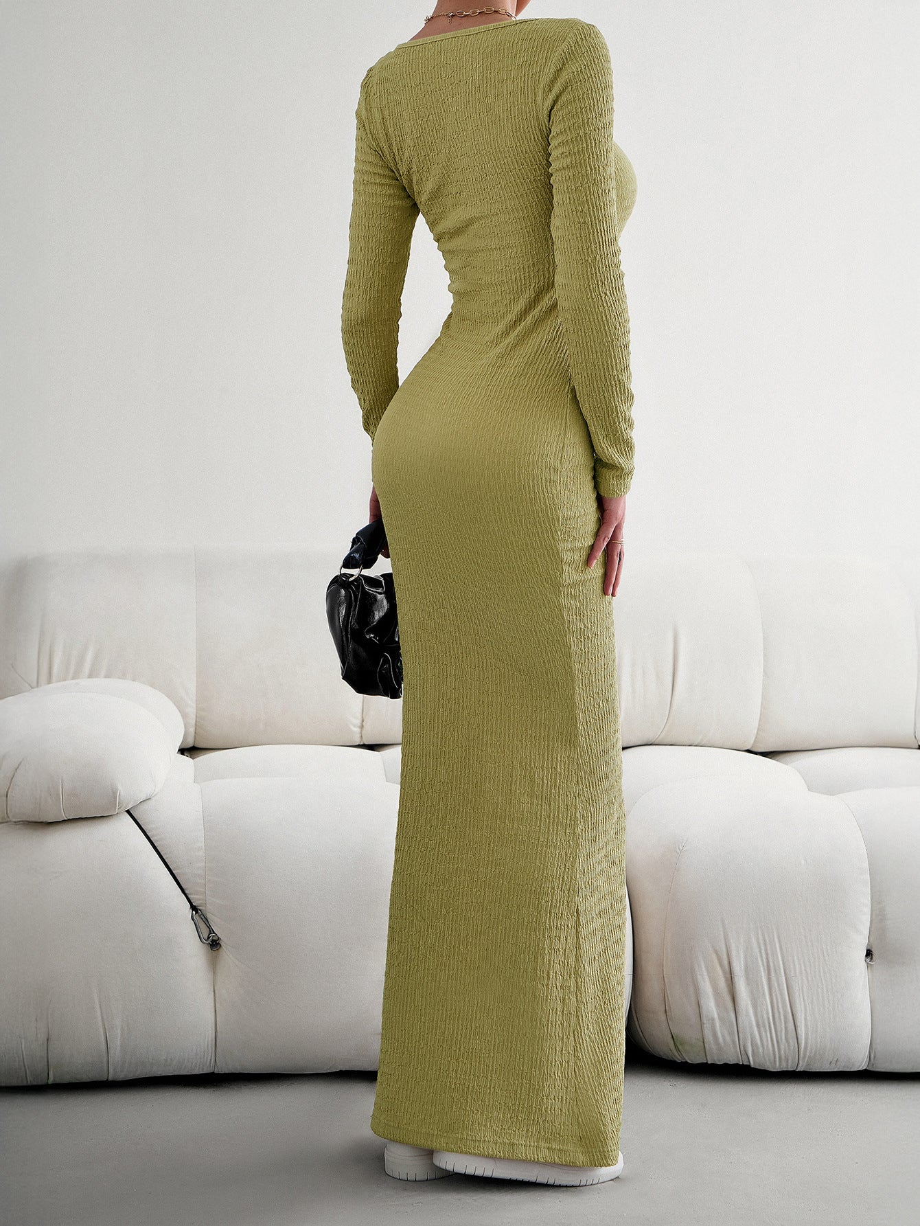 Robe Invitée Mariage TREFLE Encolure Carrée Manches Longues Coupe Fourreau