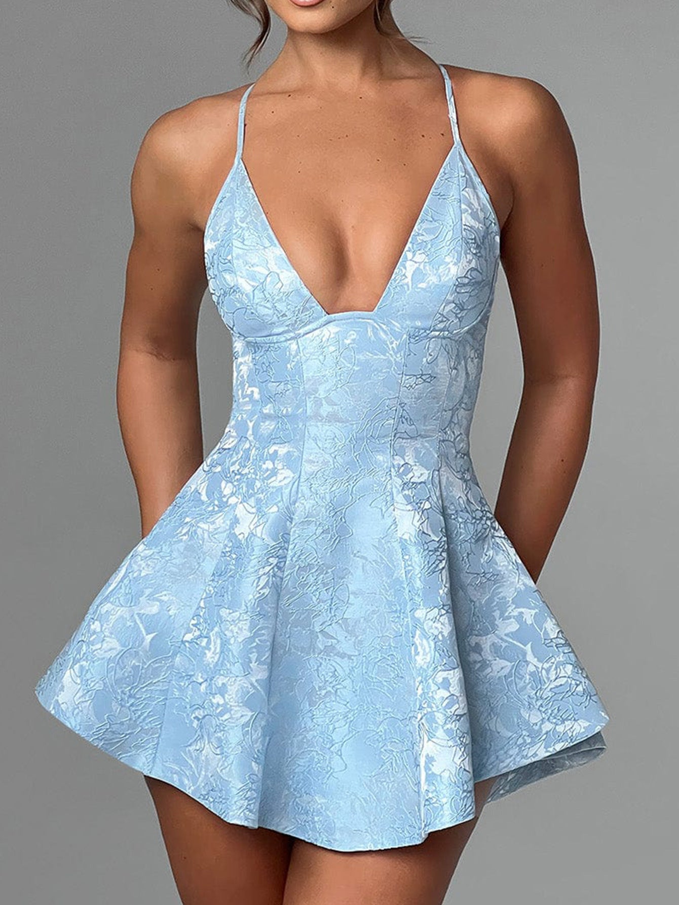 Robe Invitée Mariage BLEU_CIEL Florale à Bretelles croisées Sans Manches