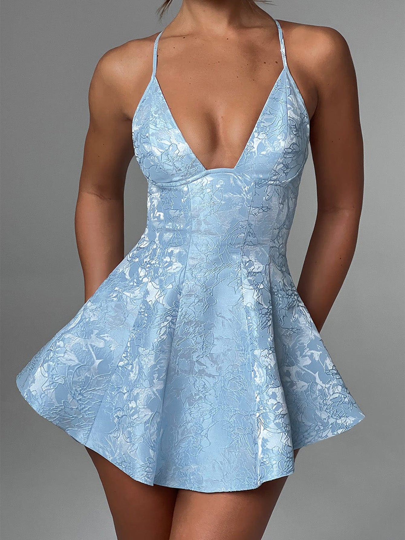 Robe Invitée Mariage BLEU_CIEL Florale à Bretelles croisées Sans Manches
