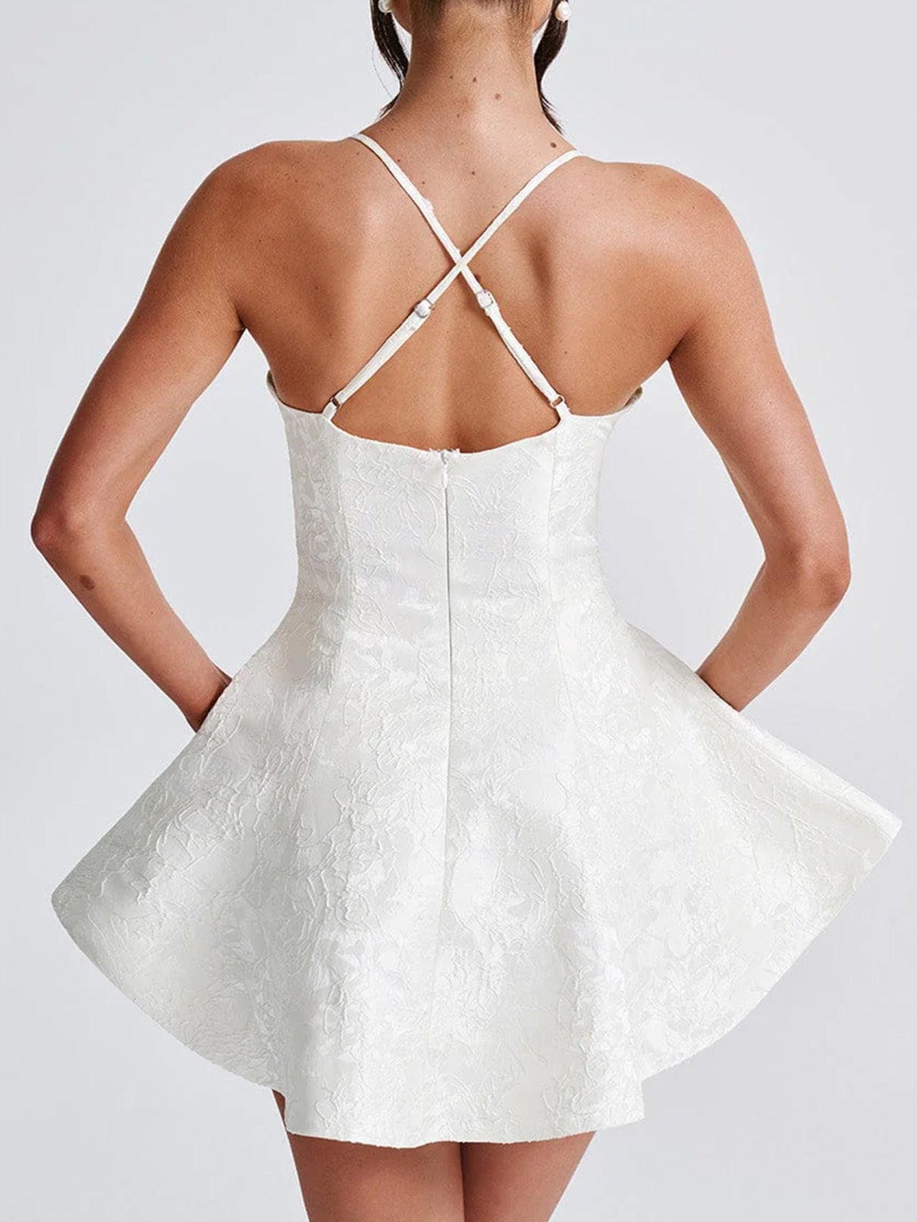 Robe Invitée Mariage BLANC Florale à Bretelles croisées Sans Manches