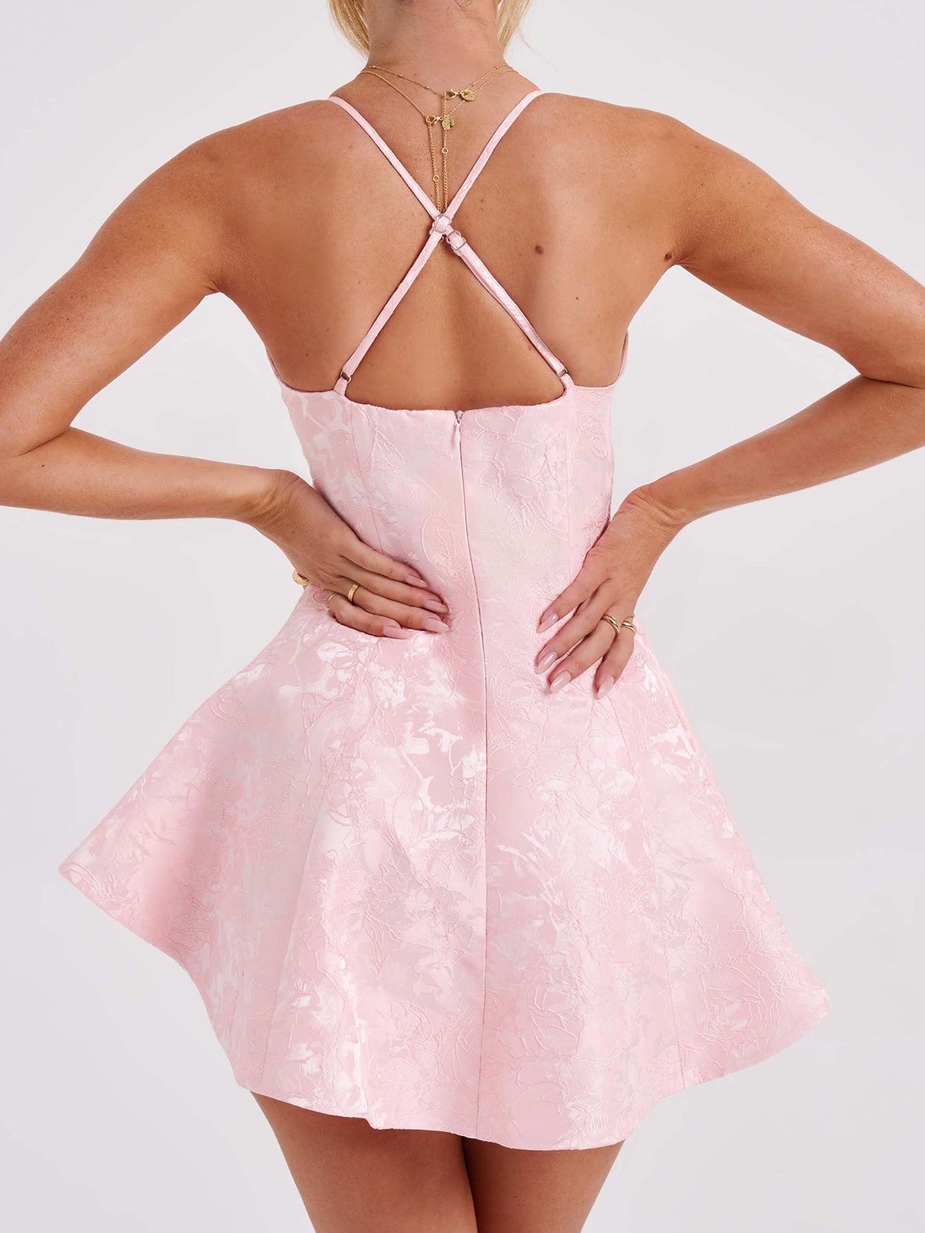 Robe Invitée Mariage ROSE_PALE Florale à Bretelles croisées Sans Manches