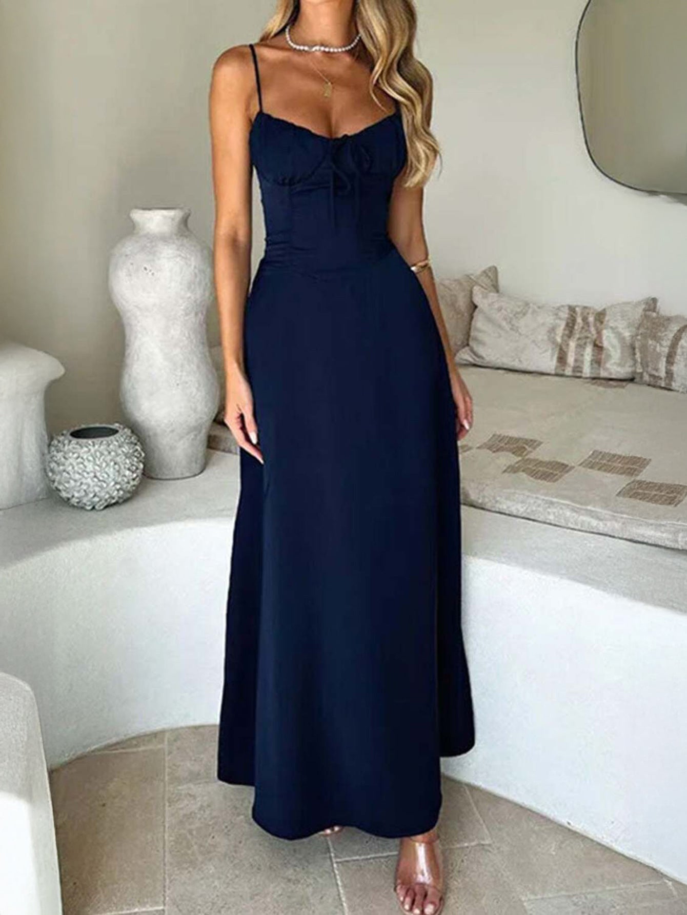 Robe Invitée Mariage BLEU_MARINE Élégante à Bretelles Fines Sans Manches