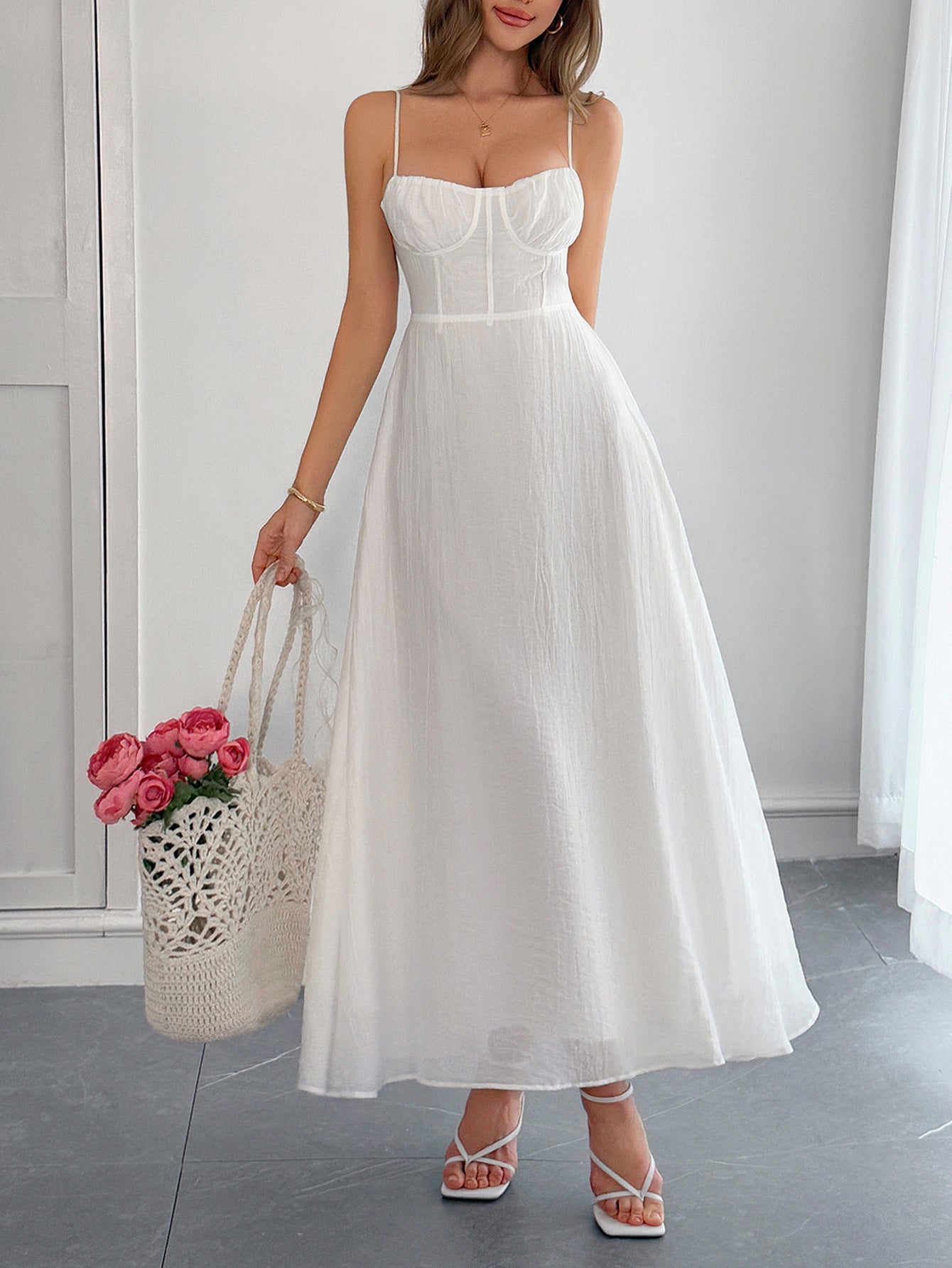 Robe Invitée Mariage Blanc à Bretelles Fines Sans Manches