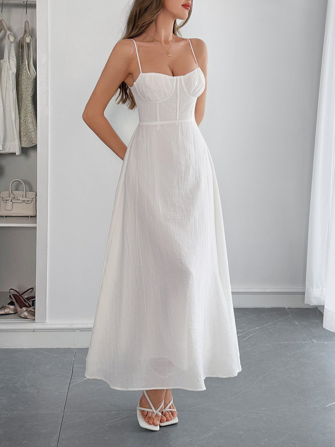 Robe Invitée Mariage Blanc à Bretelles Fines Sans Manches