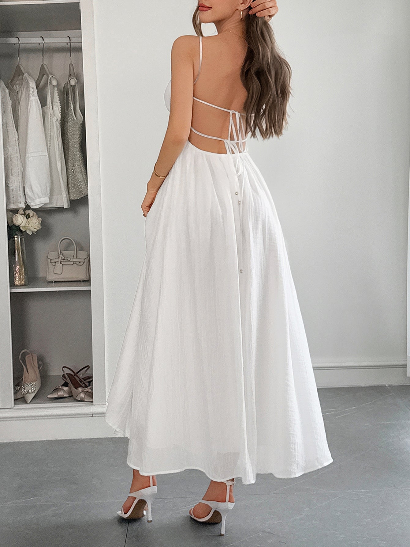 Robe Invitée Mariage Blanc à Bretelles Fines Sans Manches