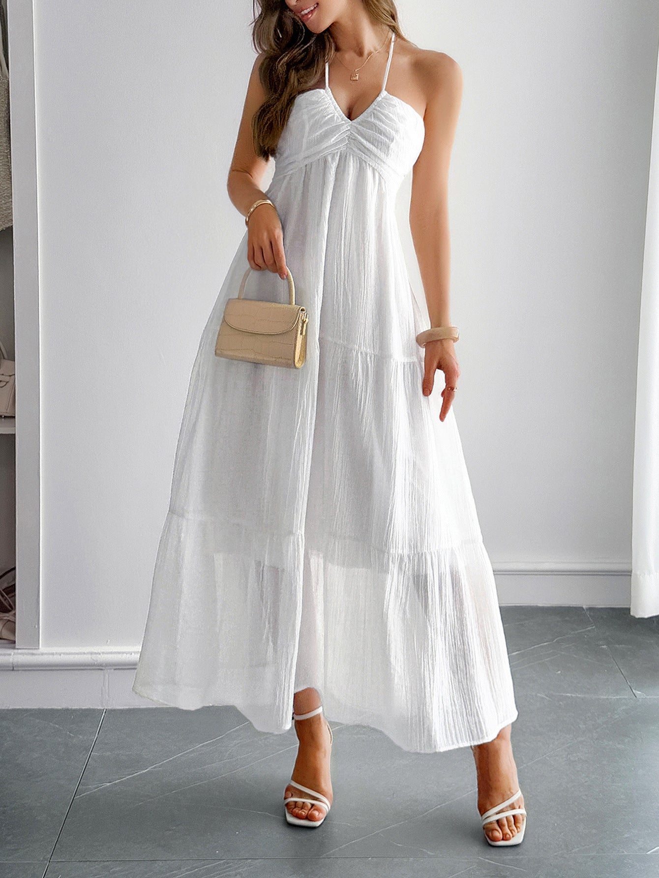 Robe Invitée Mariage Blanche Halter Sans Manches Longueur Cheville