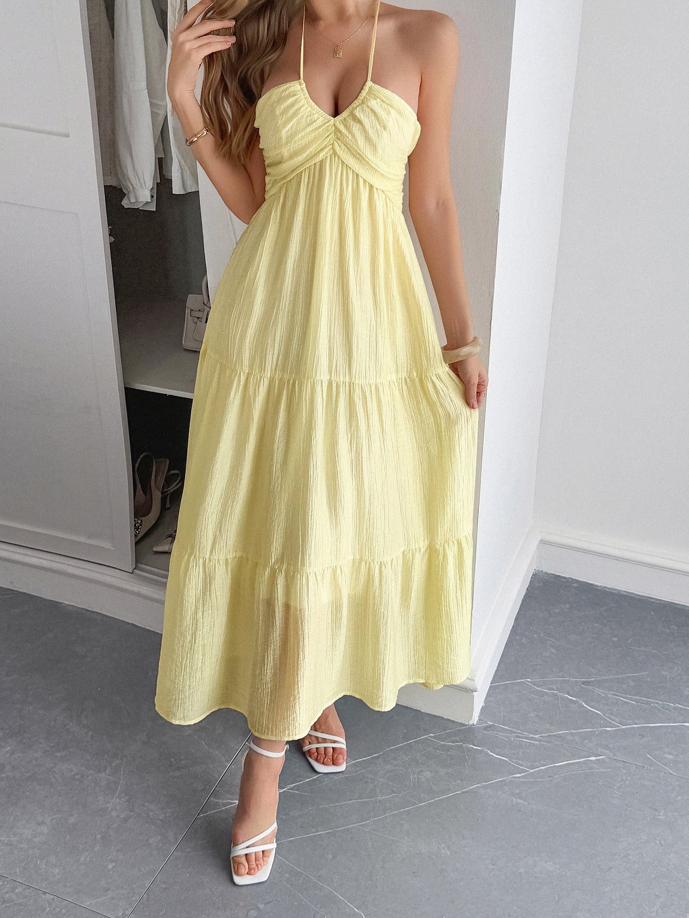 Robe Invitée Mariage JONQUILLE Halter Sans Manches Longueur Cheville