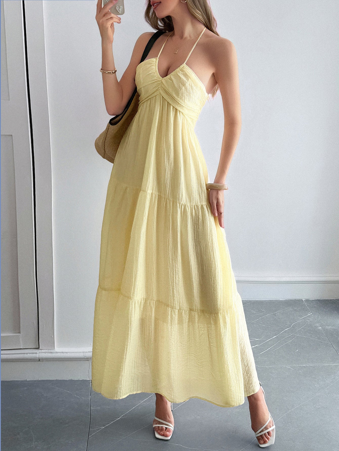 Robe Invitée Mariage JONQUILLE Halter Sans Manches Longueur Cheville