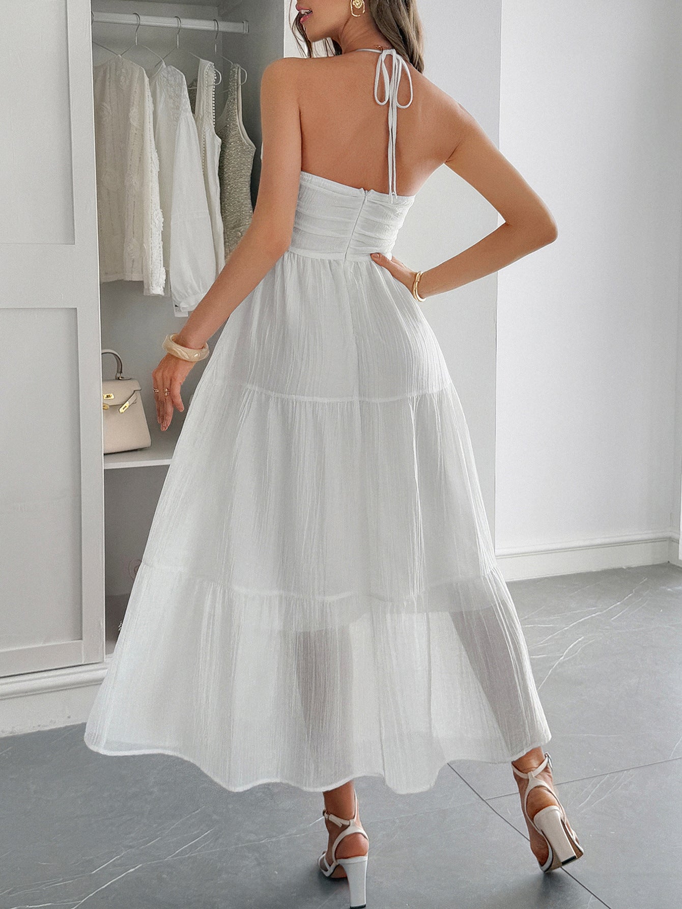 Robe Invitée Mariage Blanche Halter Sans Manches Longueur Cheville