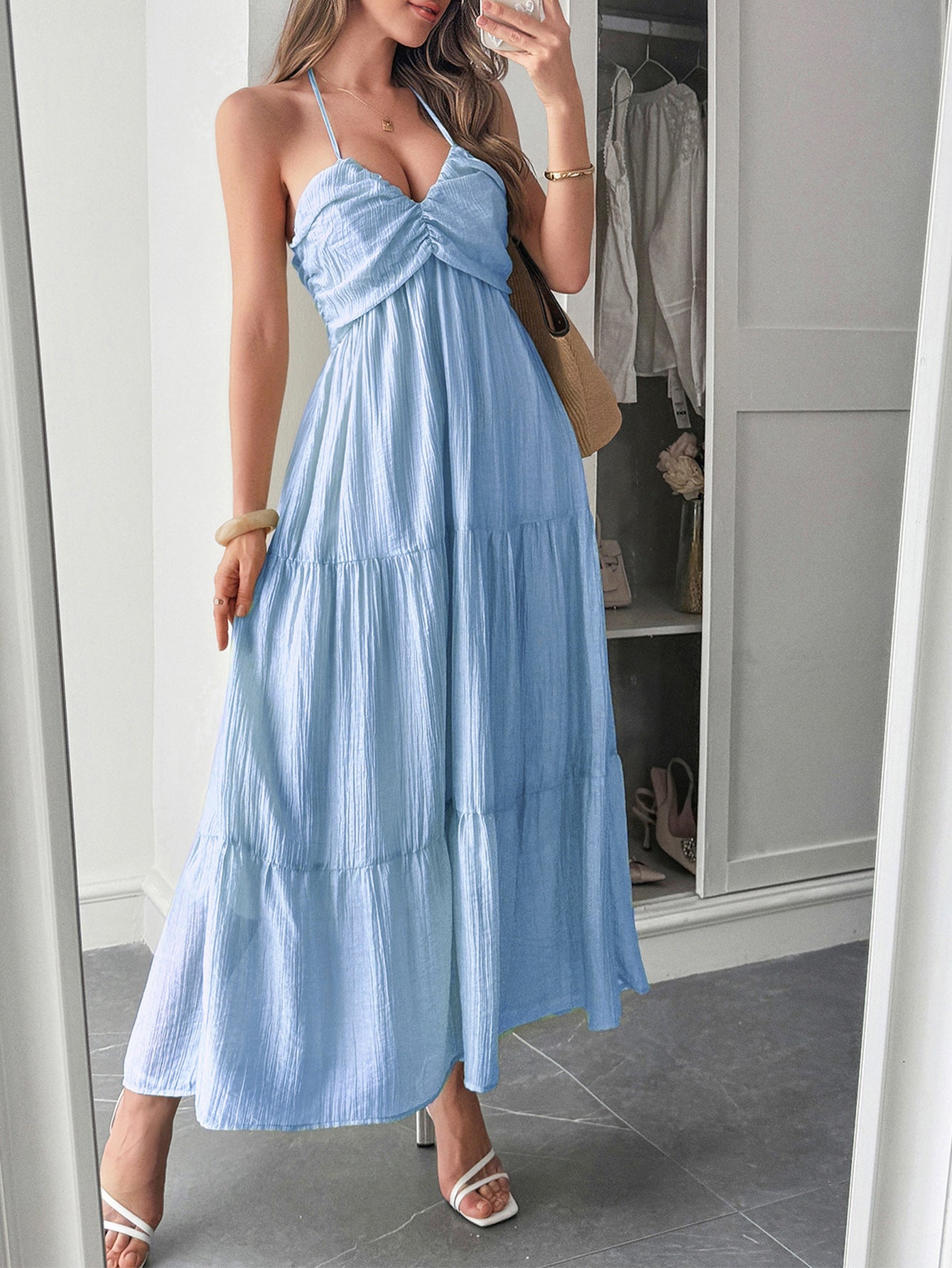Robe Invitée Mariage Bleu Licou Sans Manches Longueur Cheville
