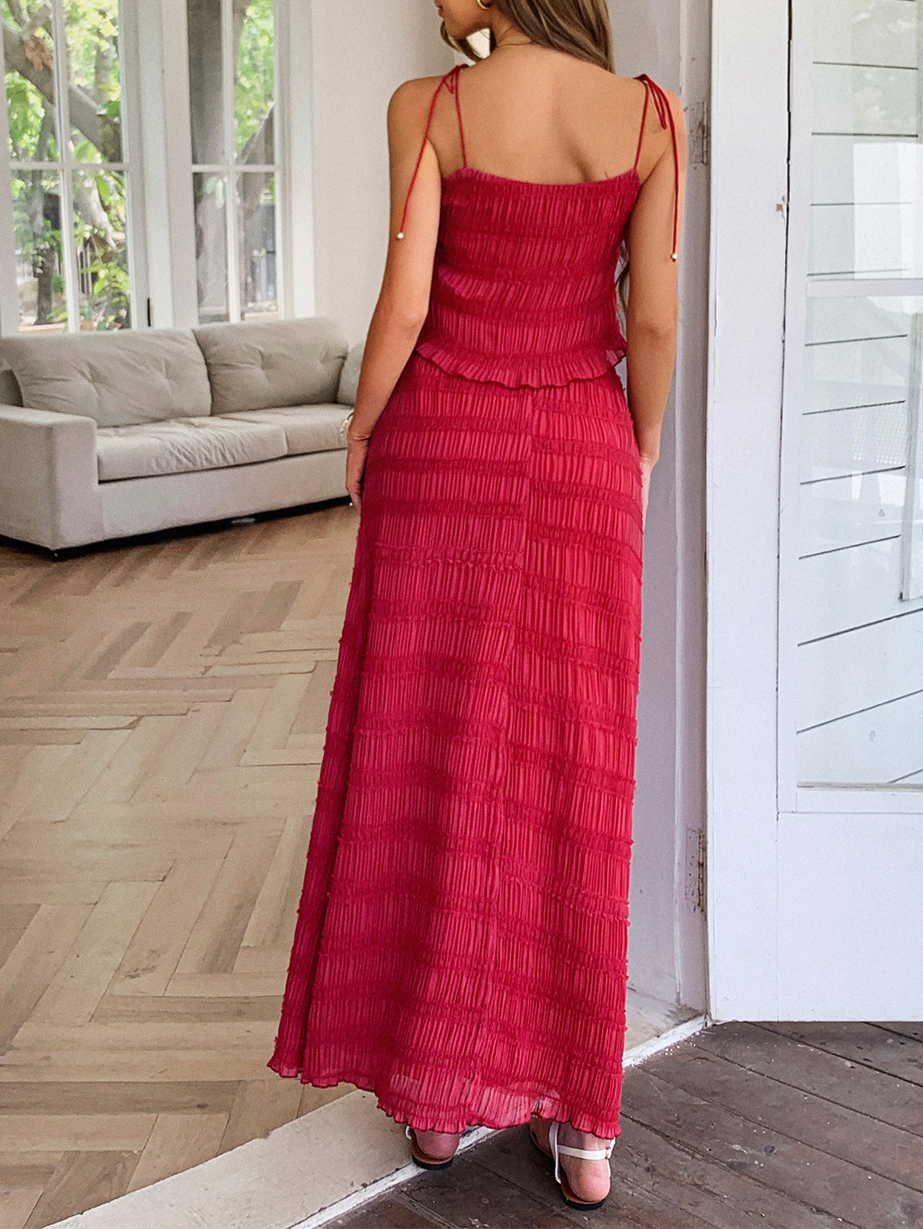 Ensemble 2 Pièces Invité Mariage Rouge à Bretelles Sans Manches