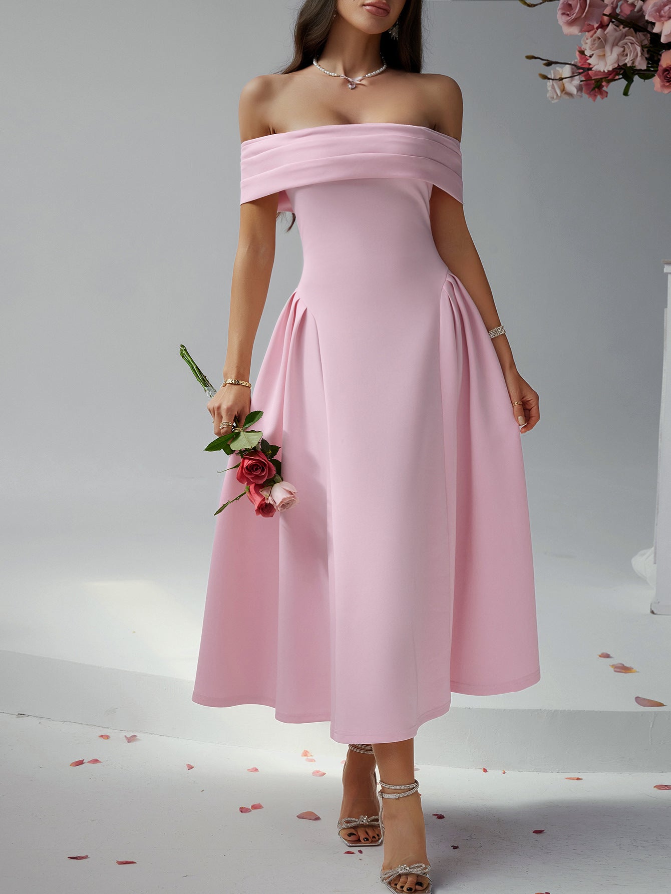 Robe Invitée Mariage ROSE_BONBON Épaules Dénudées Sans Bretelles Longueur Cheville