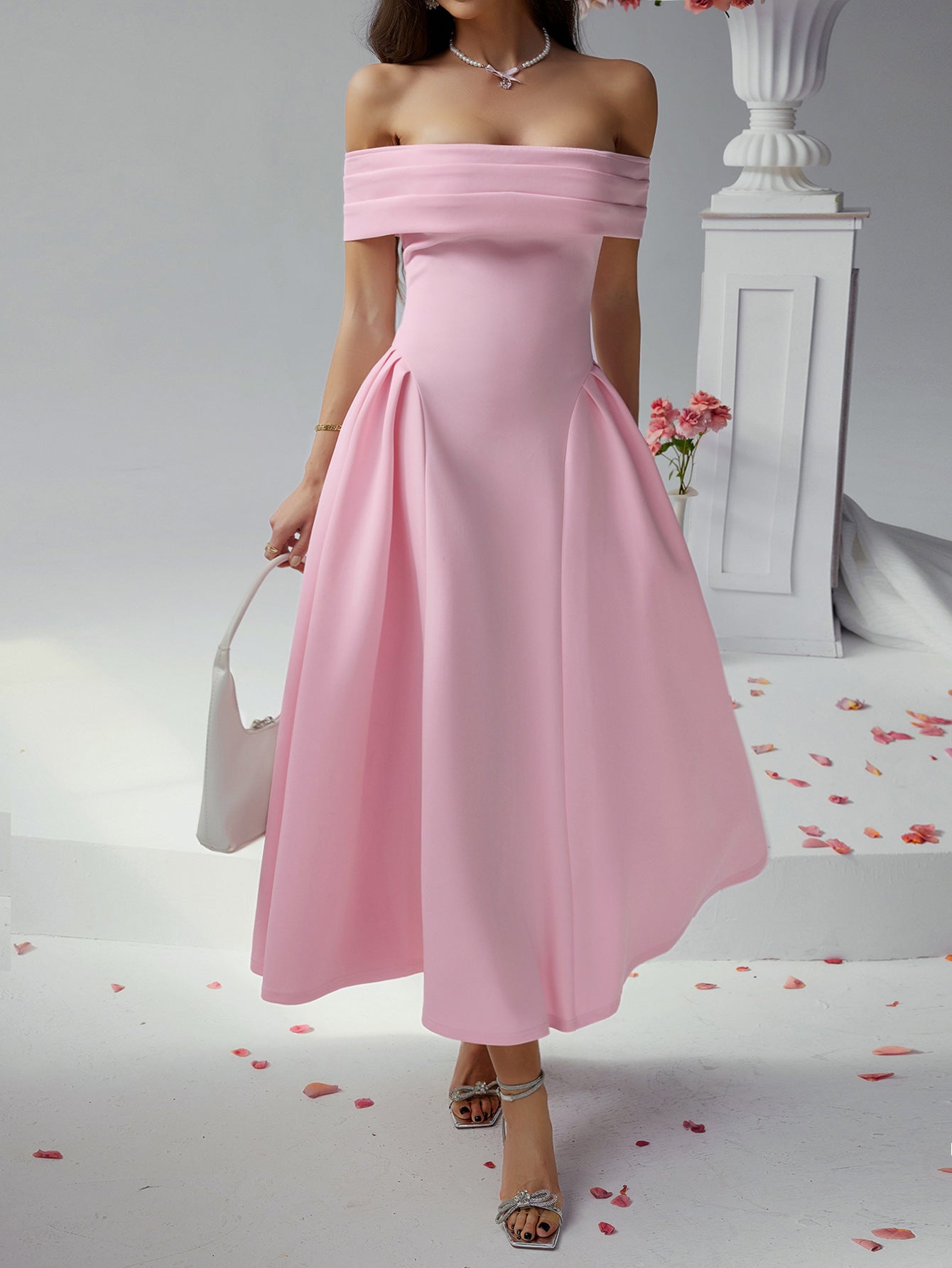 Robe Invitée Mariage ROSE_BONBON Épaules Dénudées Sans Bretelles Longueur Cheville