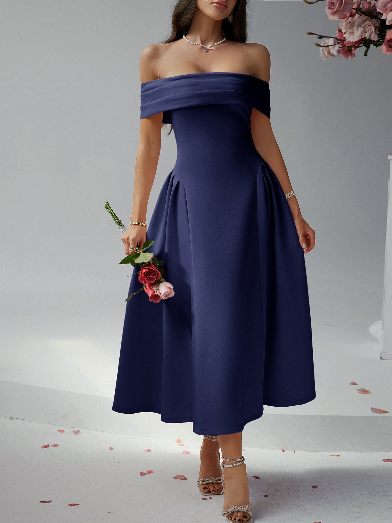 Robe Invitée Mariage BLEU_MARINE Épaules Dénudées Sans Bretelles Longueur Cheville