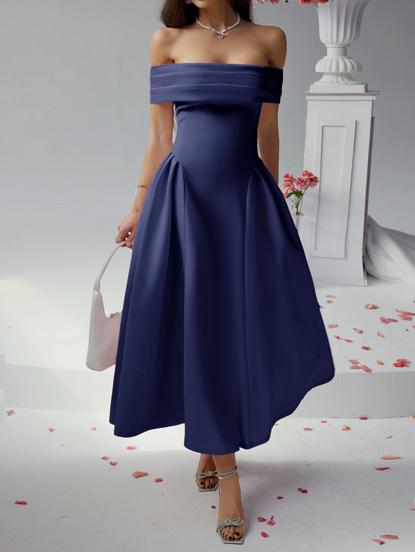 Robe Invitée Mariage BLEU_MARINE Épaules Dénudées Sans Bretelles Longueur Cheville