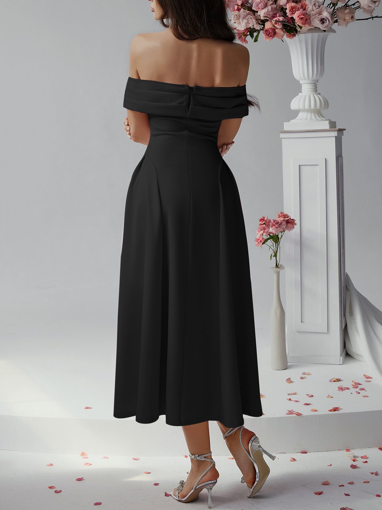 Robe Invitée Mariage Noire Épaules Dénudées Sans Bretelles Longueur Cheville