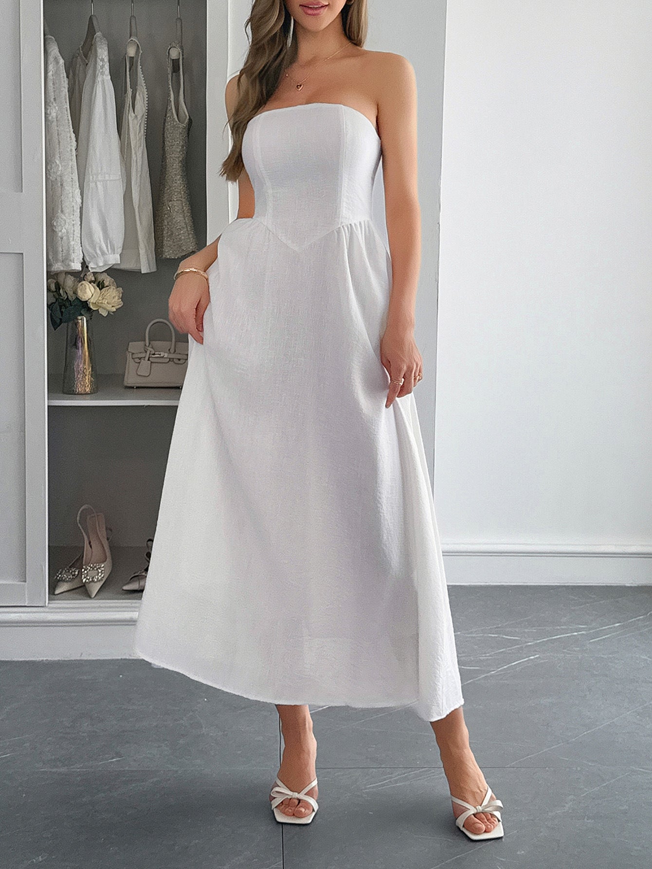 Robe Invitée Mariage Blanche Uni Élégante Coupe A Longue