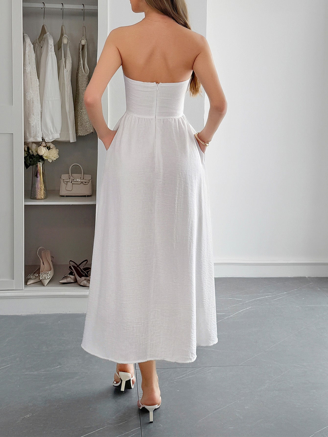 Robe Invitée Mariage Blanche Uni Élégante Coupe A Longue