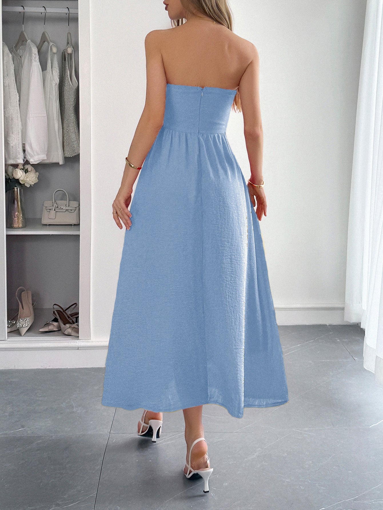Robe Invitée Mariage Bleu Uni Élégante Coupe A Longue