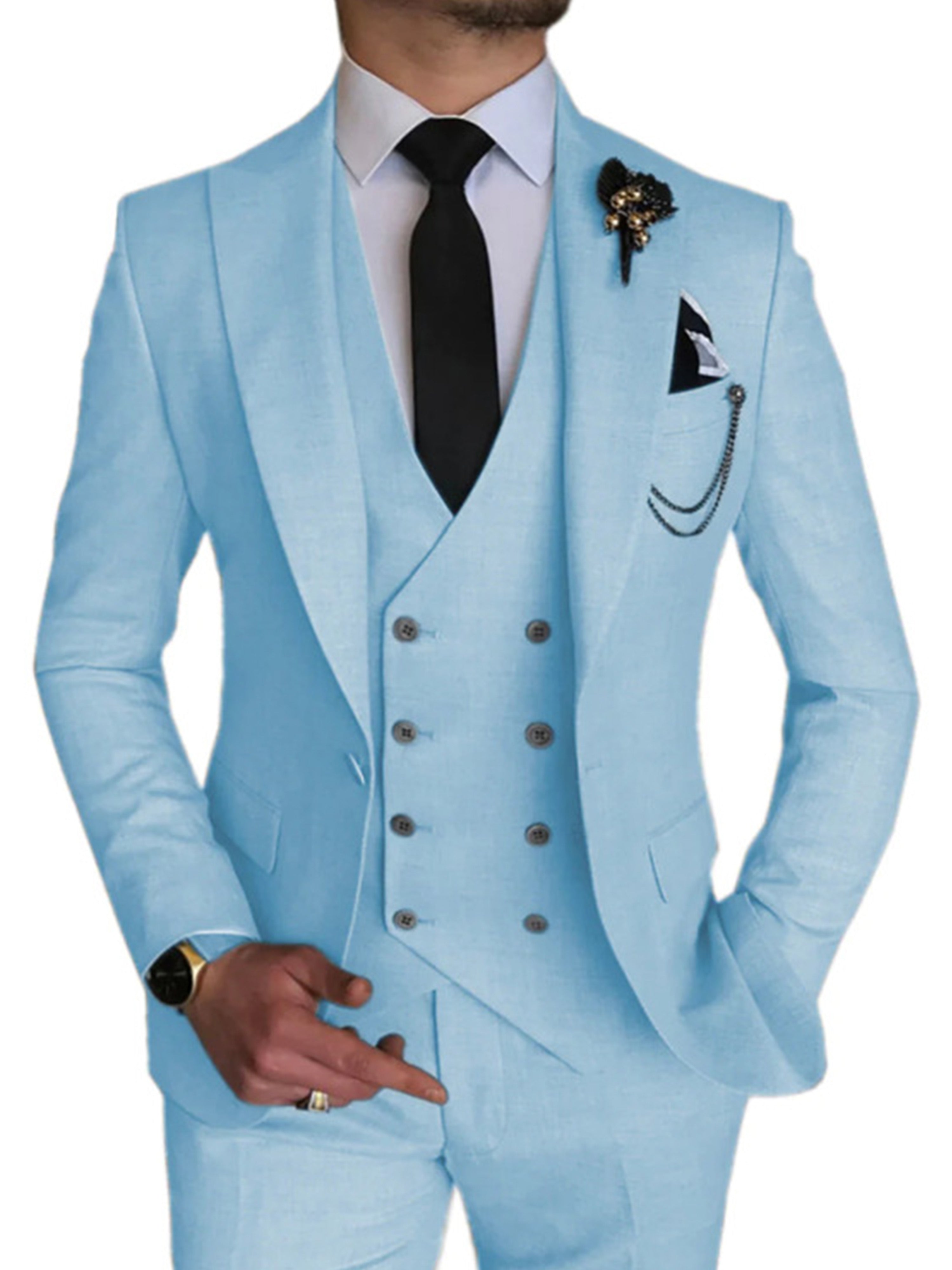 Costume 3 Pièces Homme Affaires en BLEU_CIEL Costume Marié et Garçon d'Honneur Élégant