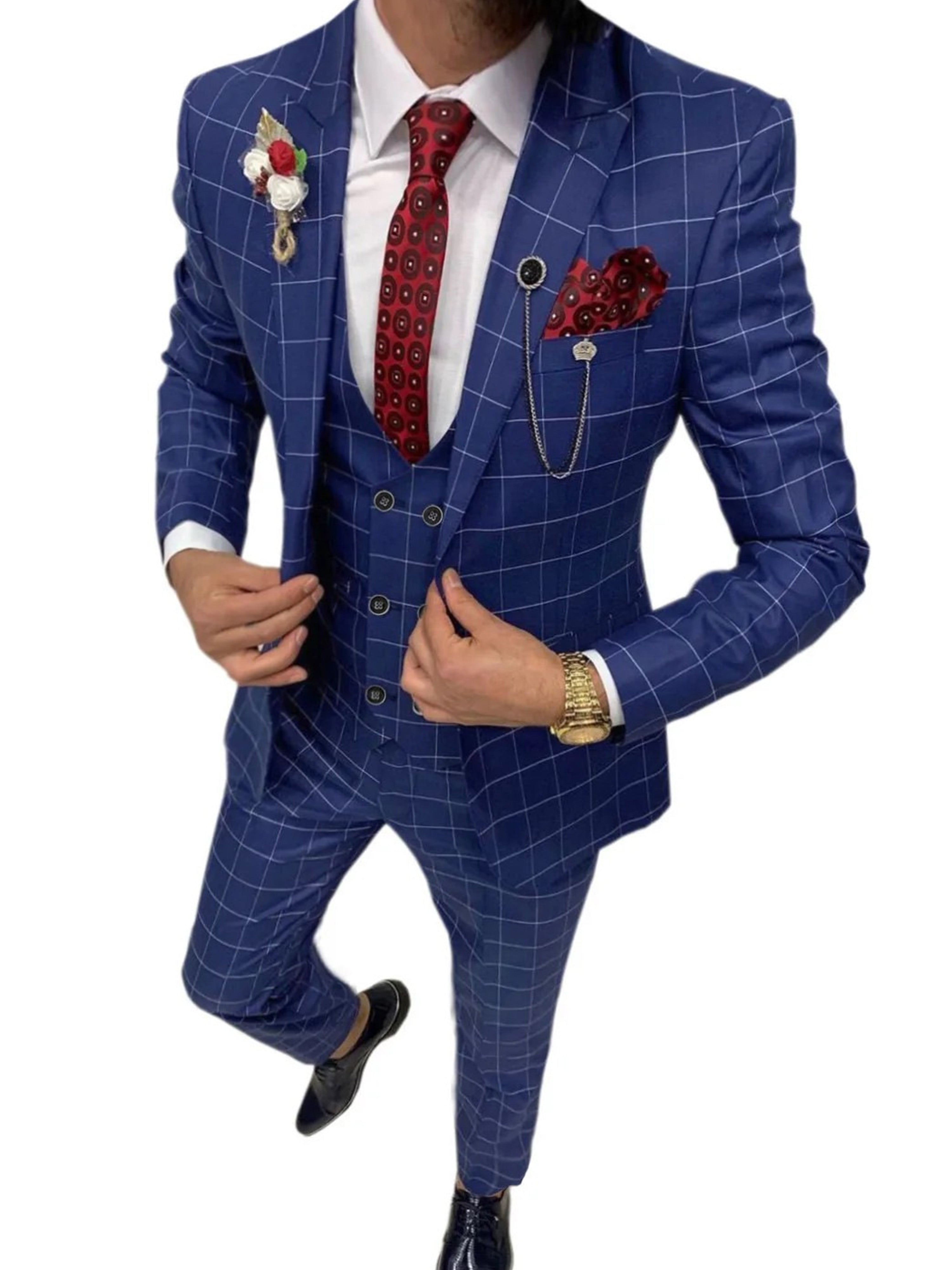Costume Homme 3 Pièces à Carreaux Cérémonie Mariage & Affaires - Taille Slim