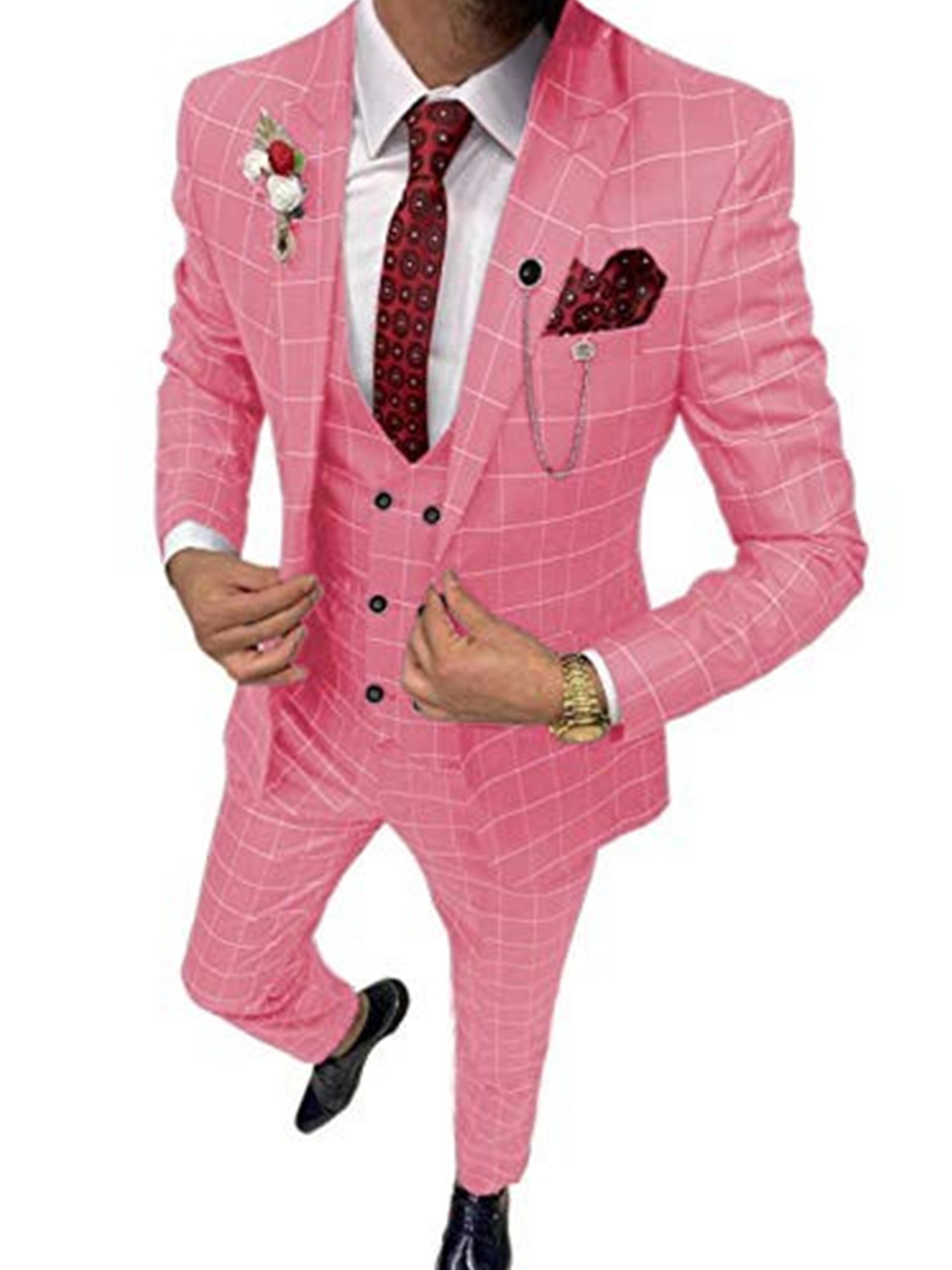 Costume Homme 3 Pièces en ROSE à Carreaux Cérémonie Mariage & Affaires Taille Slim