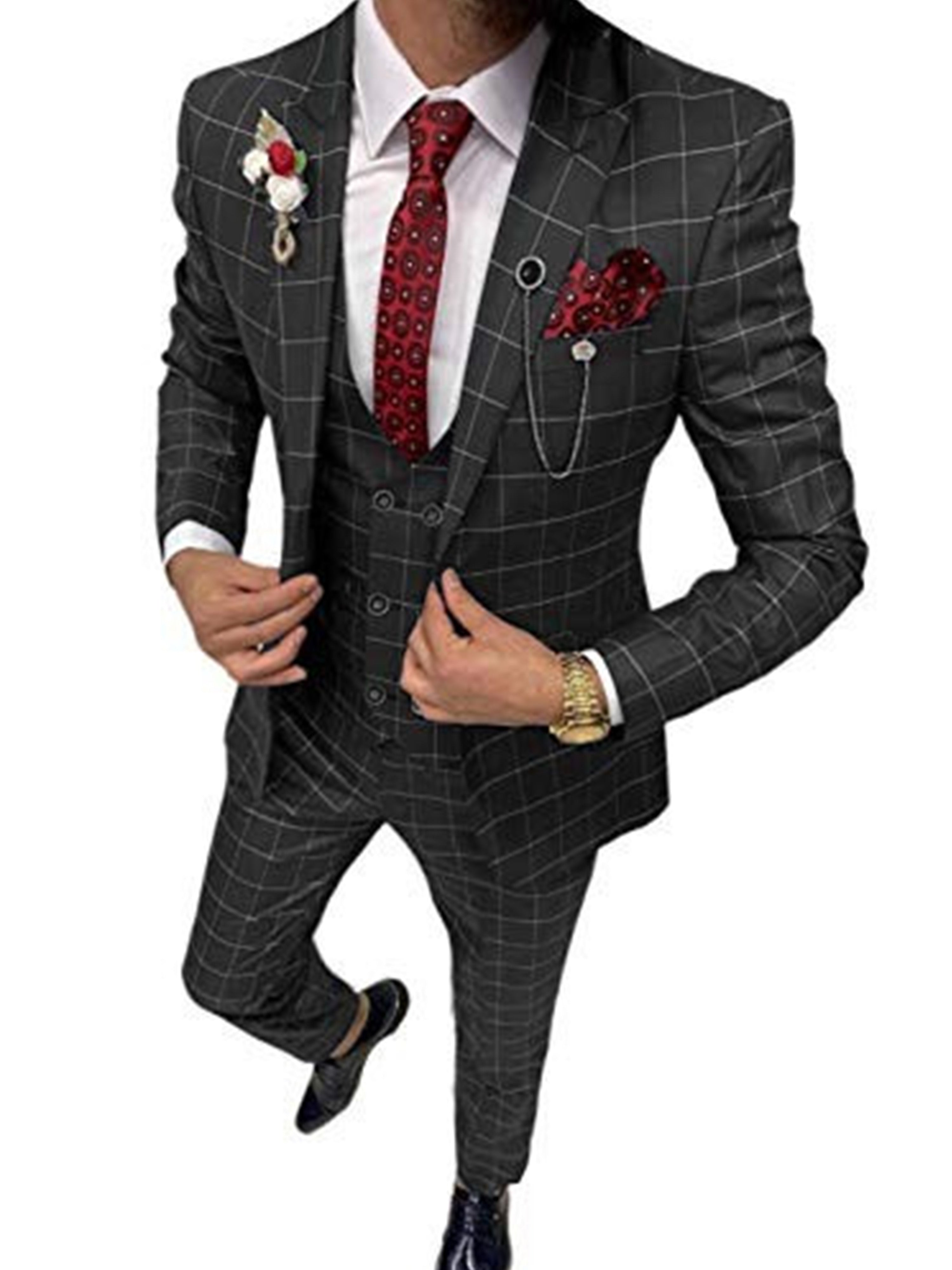 Costume Homme 3 Pièces à Carreaux Cérémonie Mariage & Affaires - Taille Slim